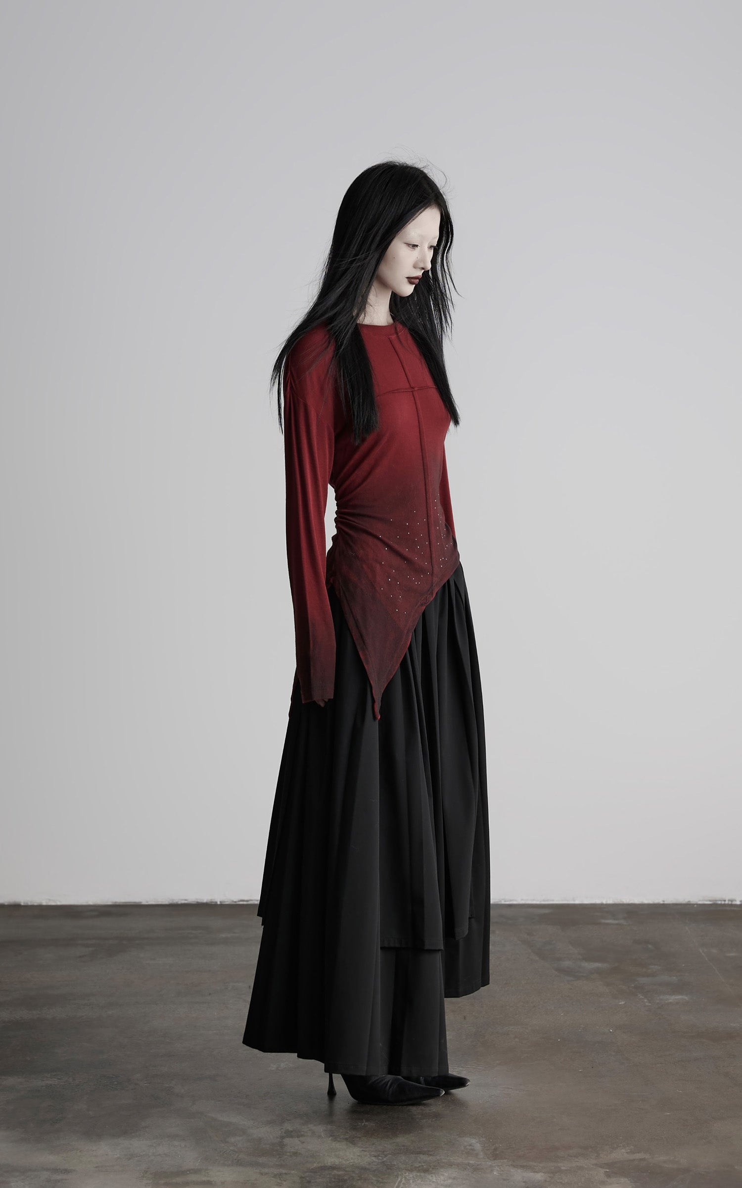 INDULGE Asymmetric Draped Long Sleeve Top with Ombre Dye and Stud Detail