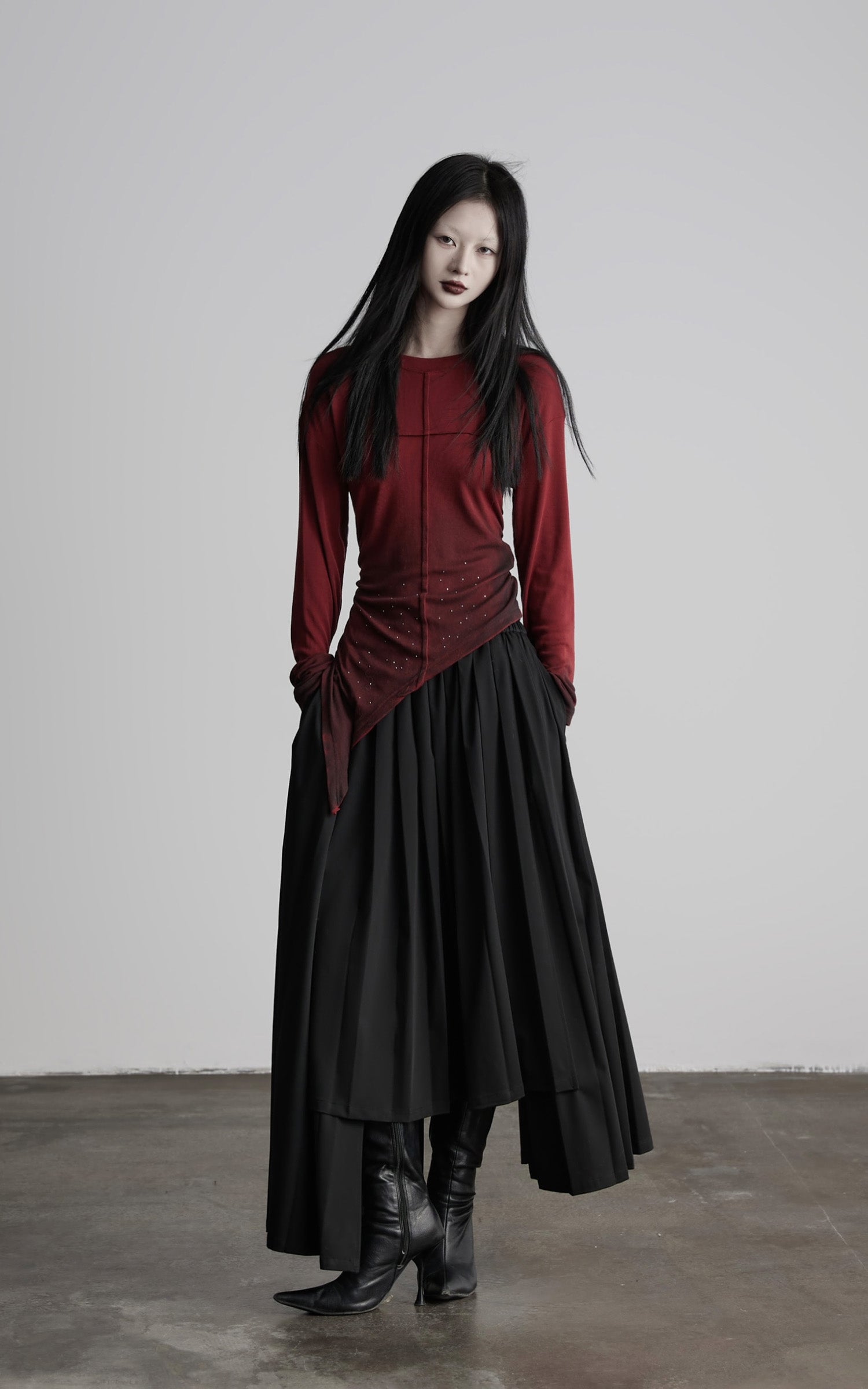 INDULGE Asymmetric Draped Long Sleeve Top with Ombre Dye and Stud Detail
