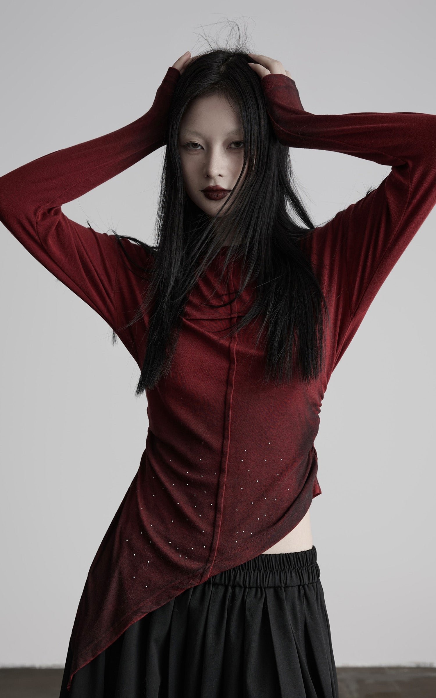 INDULGE Asymmetric Draped Long Sleeve Top with Ombre Dye and Stud Detail