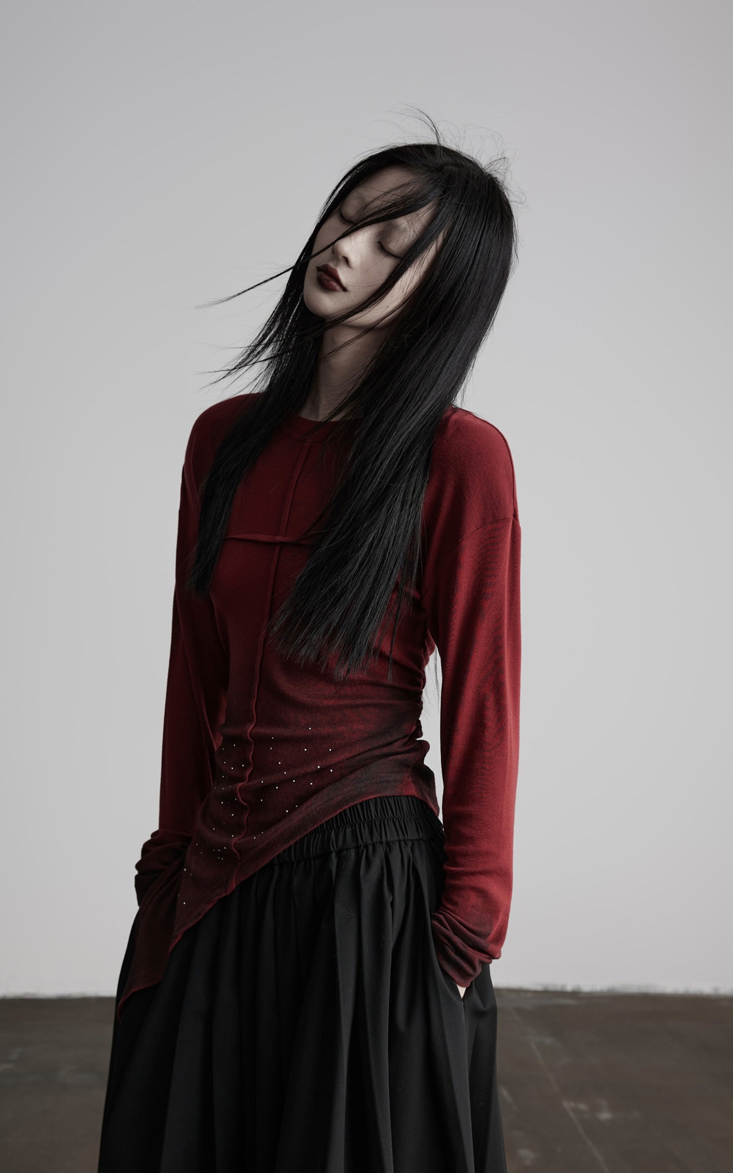 INDULGE Asymmetric Draped Long Sleeve Top with Ombre Dye and Stud Detail