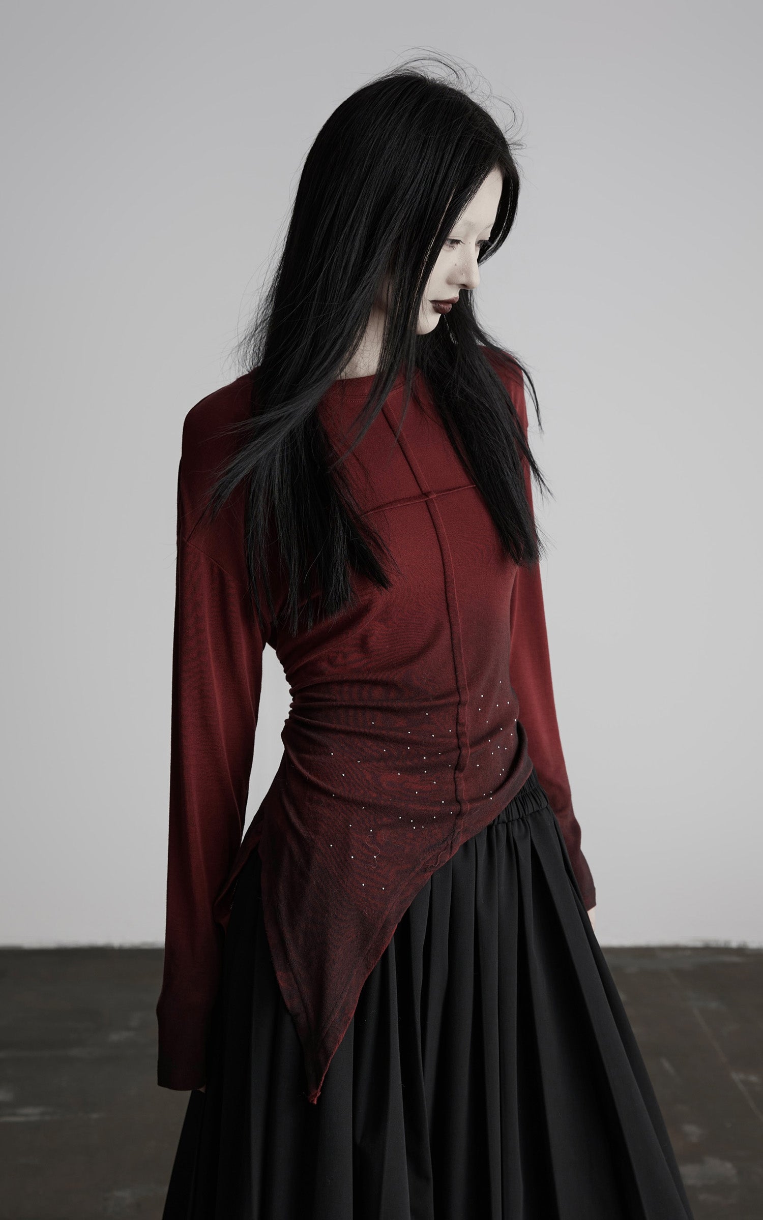INDULGE Asymmetric Draped Long Sleeve Top with Ombre Dye and Stud Detail