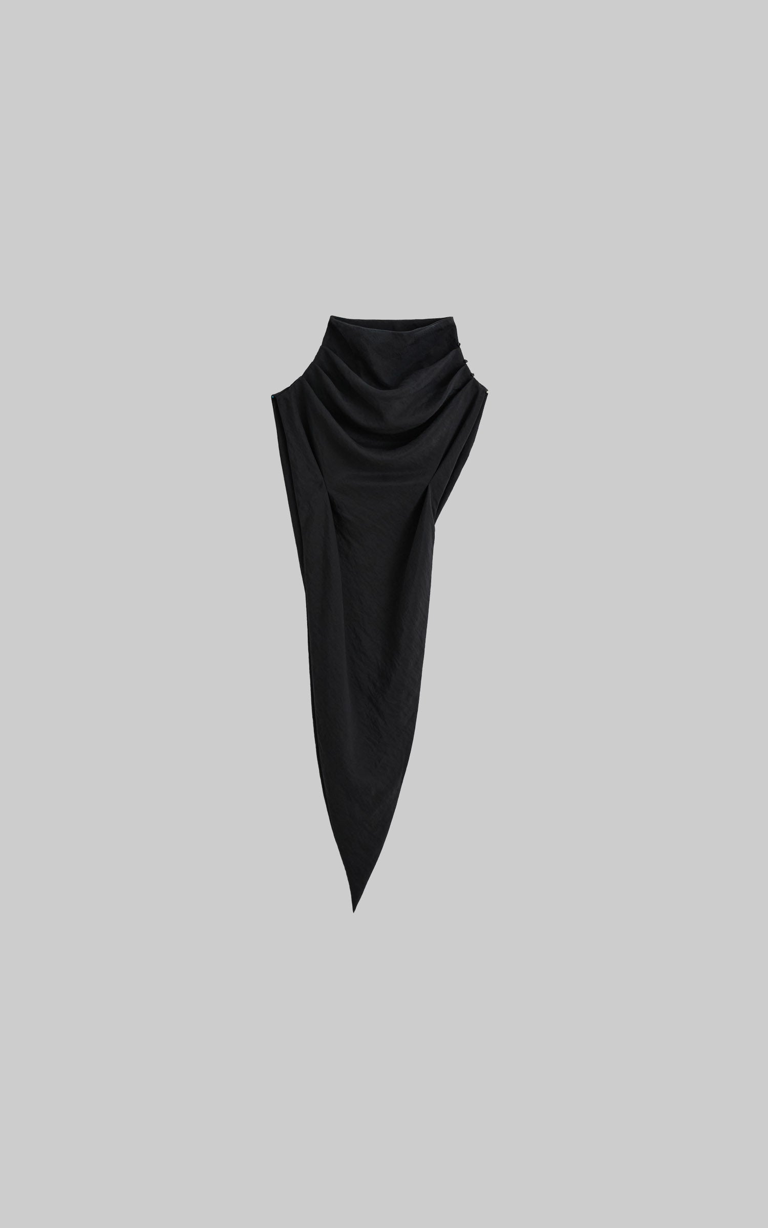 Front view of black asymmetric drape scarf shawl with asymmetric pointed construction