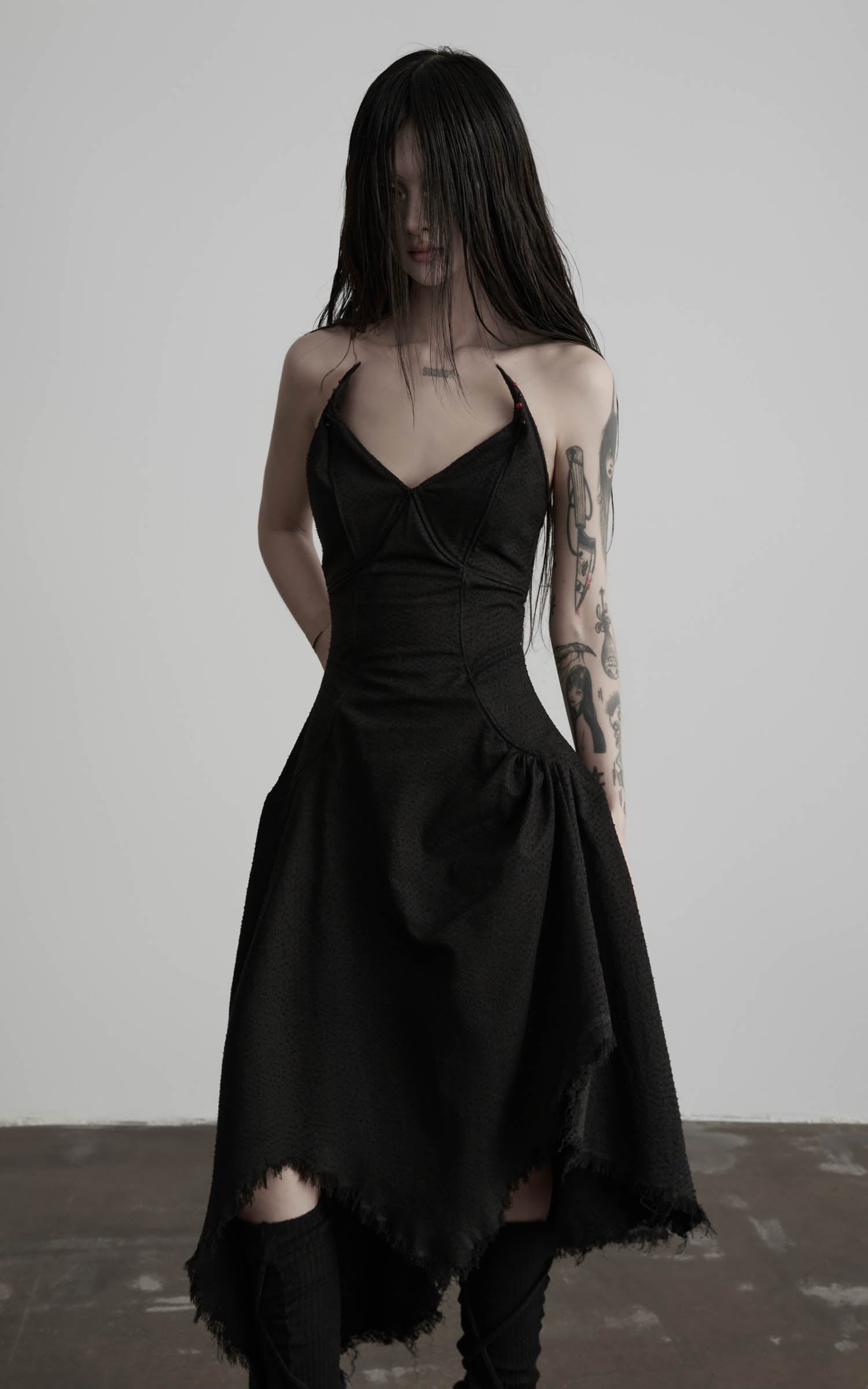 Black cotton bustier dress with fitted bodice seams front view