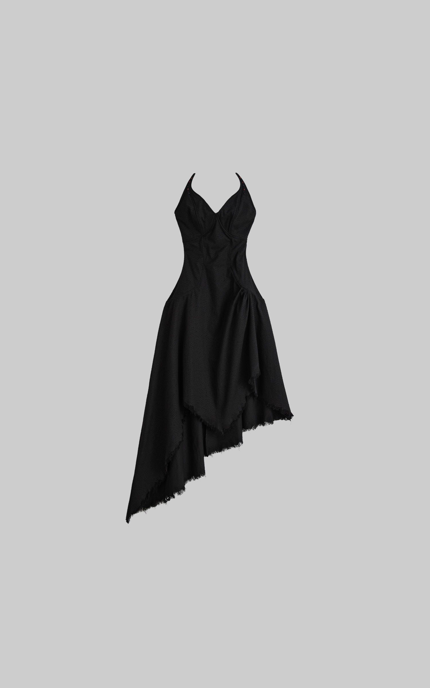 Black cotton bustier dress with asymmetric skirt shape flat view