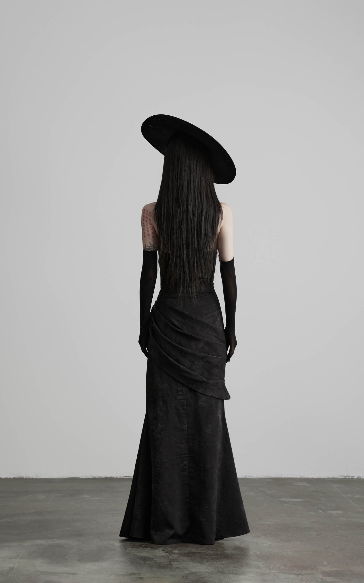 Black halter cowl neck maxi dress back full view