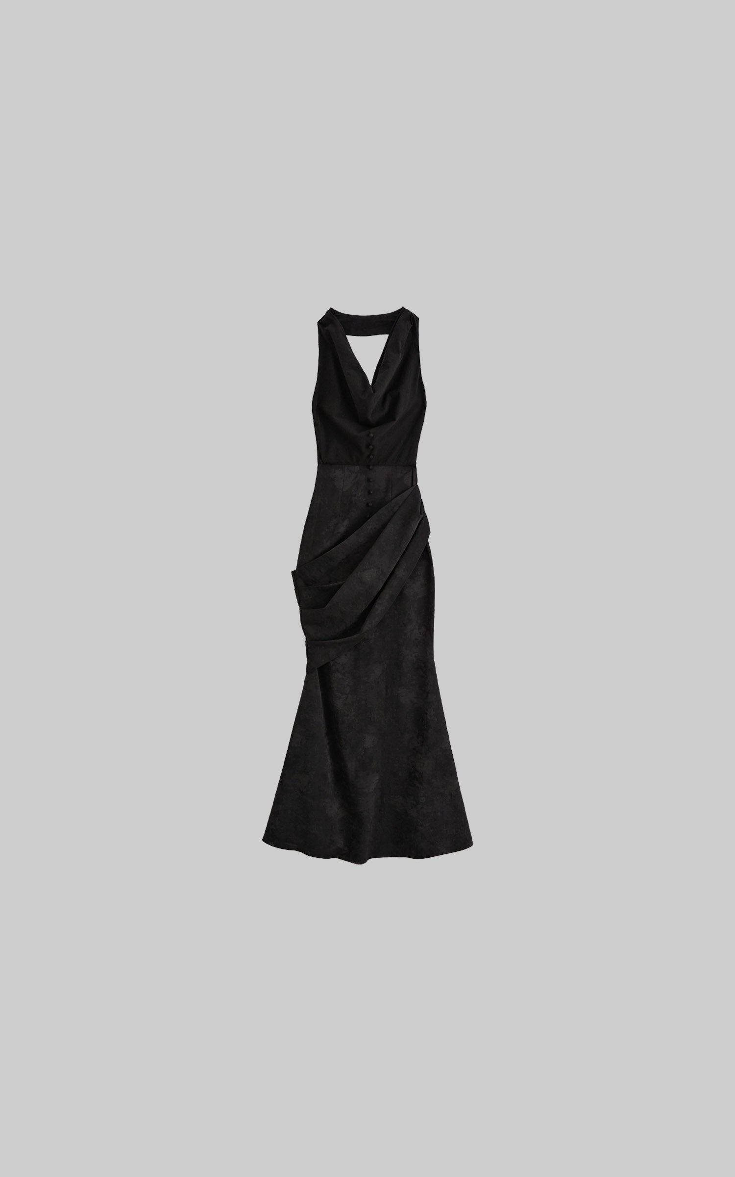 Black halter cowl neck maxi dress flat lay view