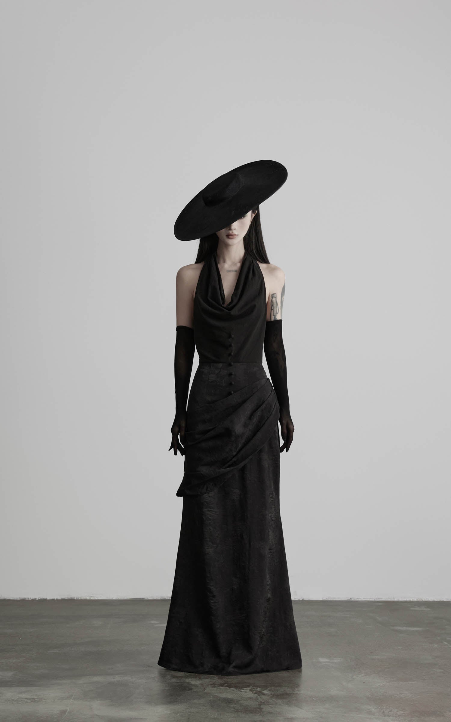 Black halter cowl neck maxi dress full front view