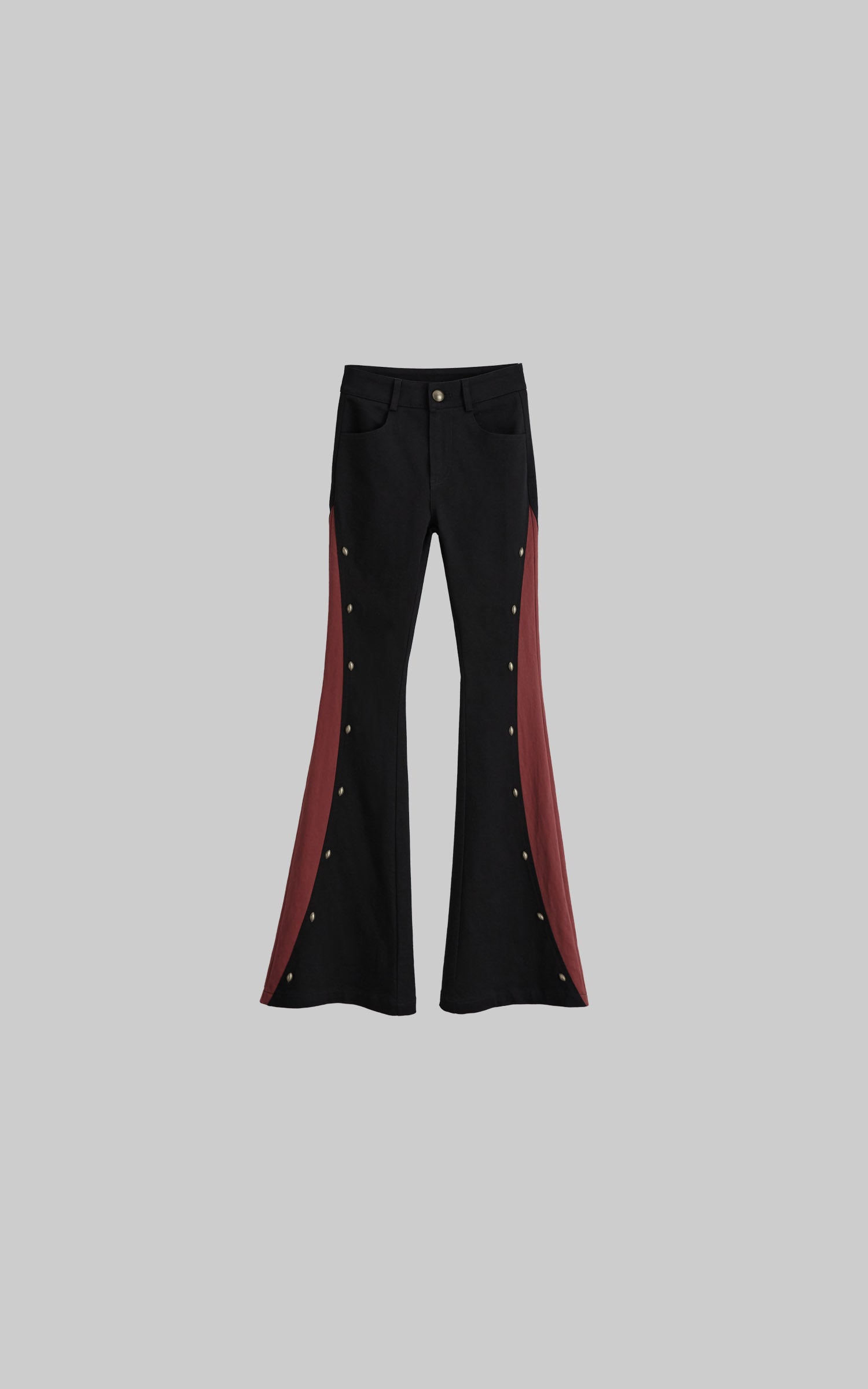 front view of black contrast panel flared pants laid flat