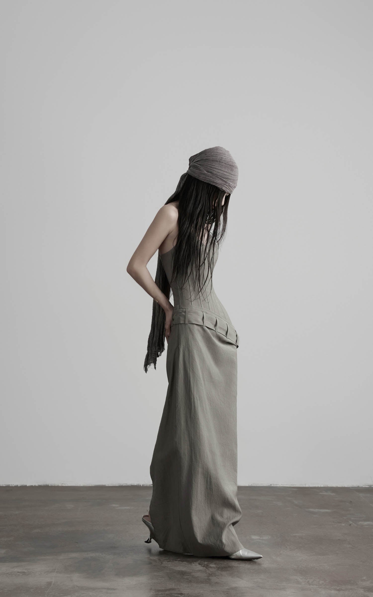 Gray corset wrap maxi dress with side waist construction side view