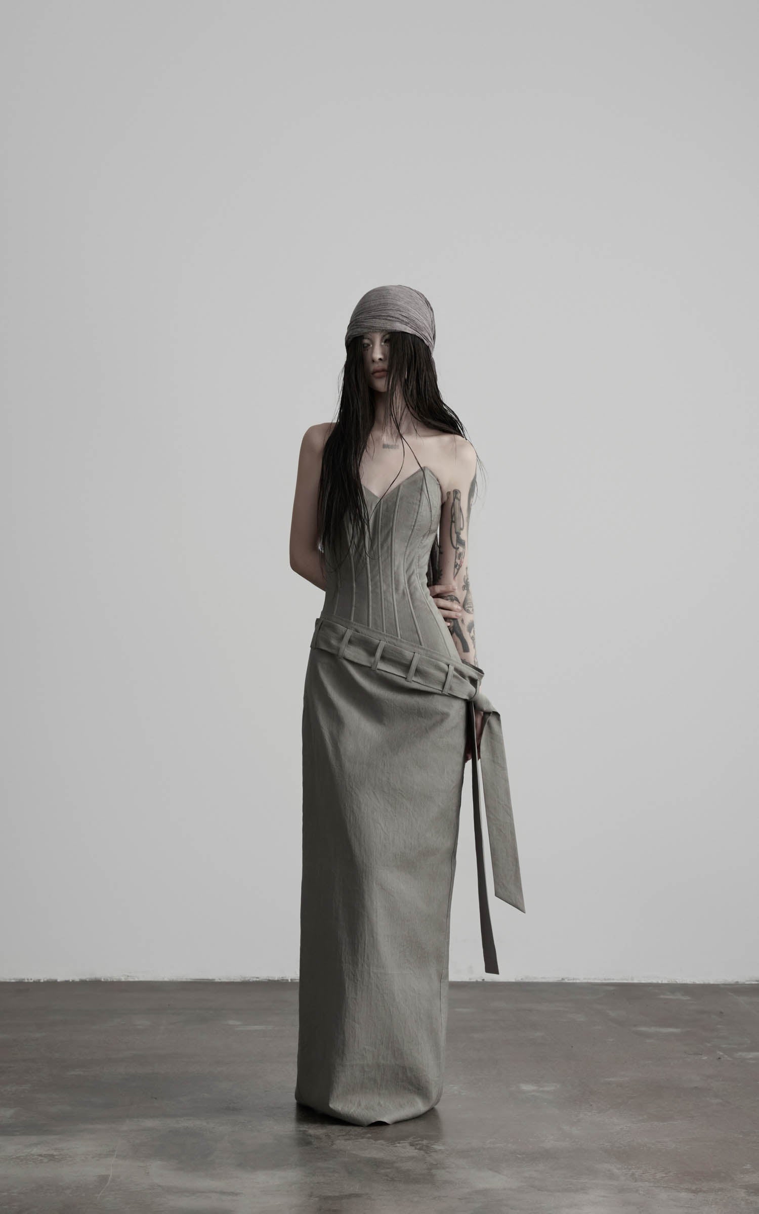 Gray corset wrap maxi dress with asymmetric waist wrap front view