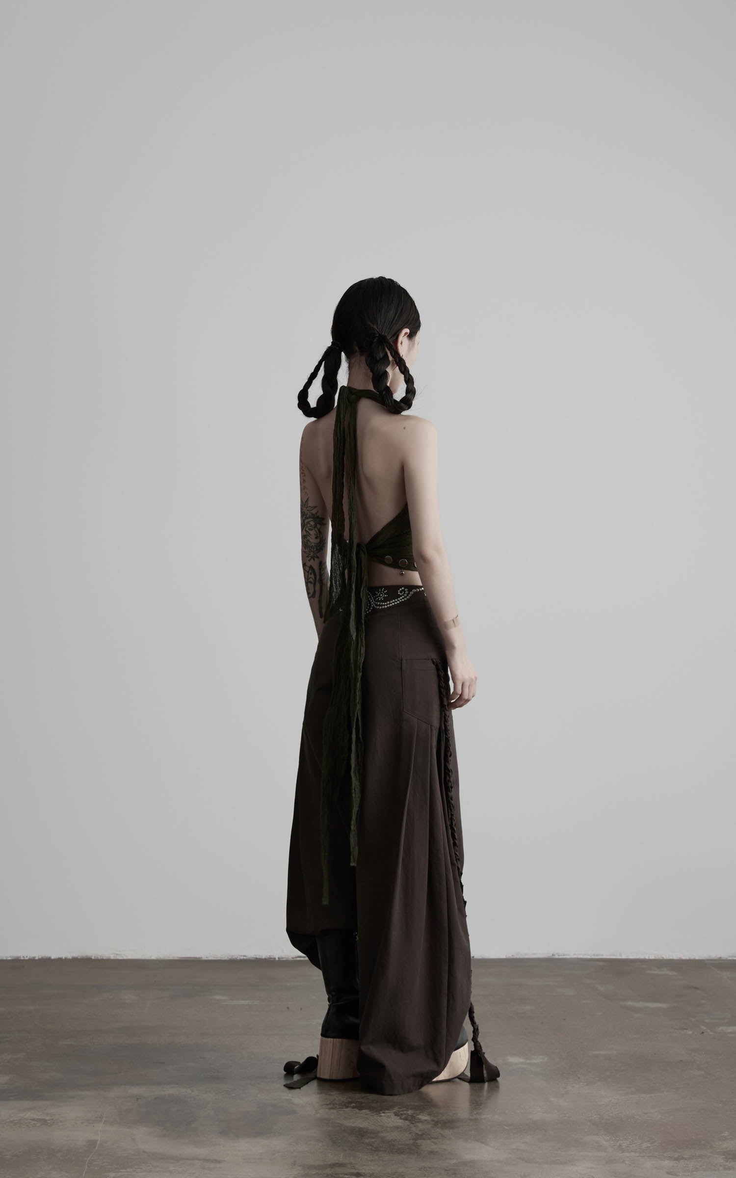 Dark coffee rhinestone wide leg pants back angled view