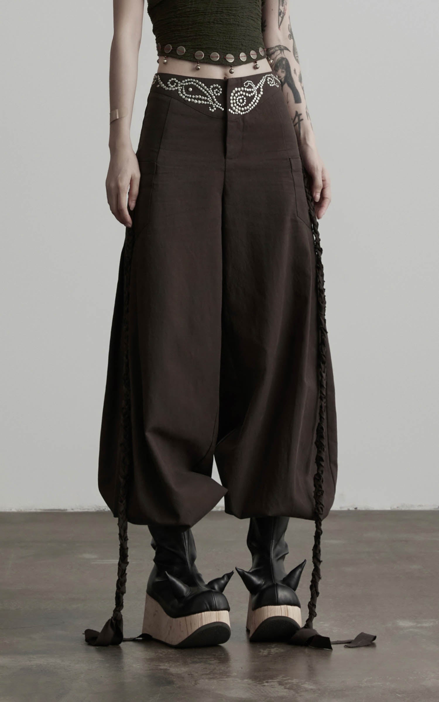Dark coffee rhinestone waist detail on wide leg pants front view