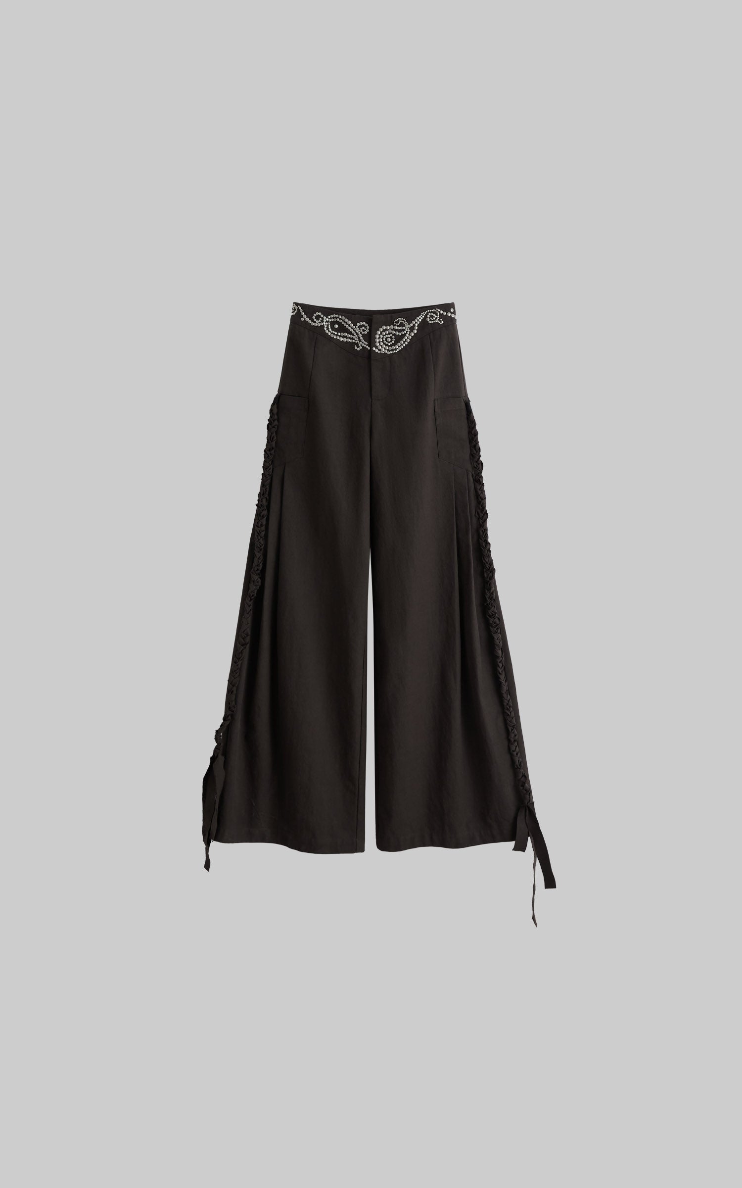 Dark coffee rhinestone wide leg pants flat lay view