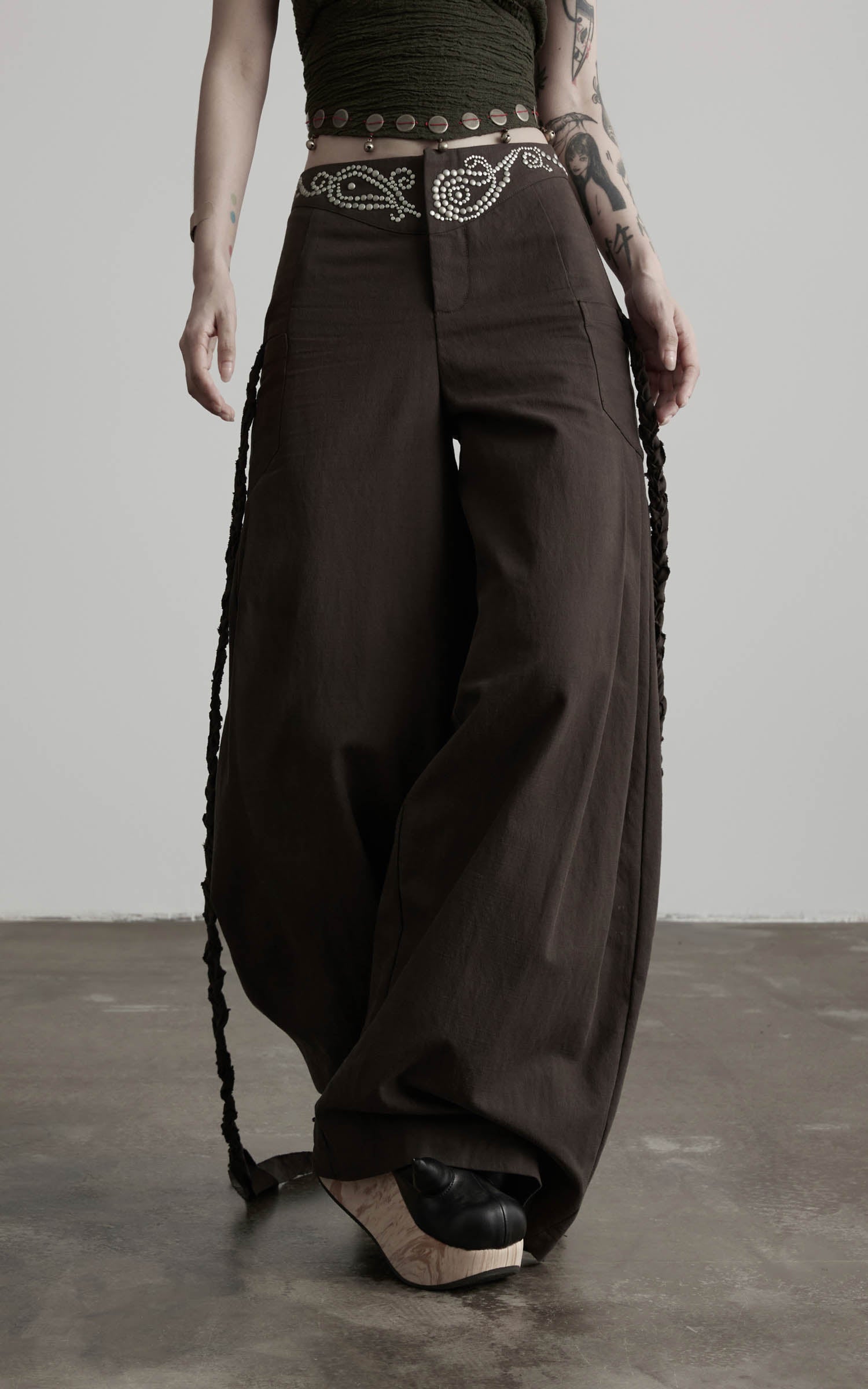 Dark coffee rhinestone wide leg pants lower front detail view