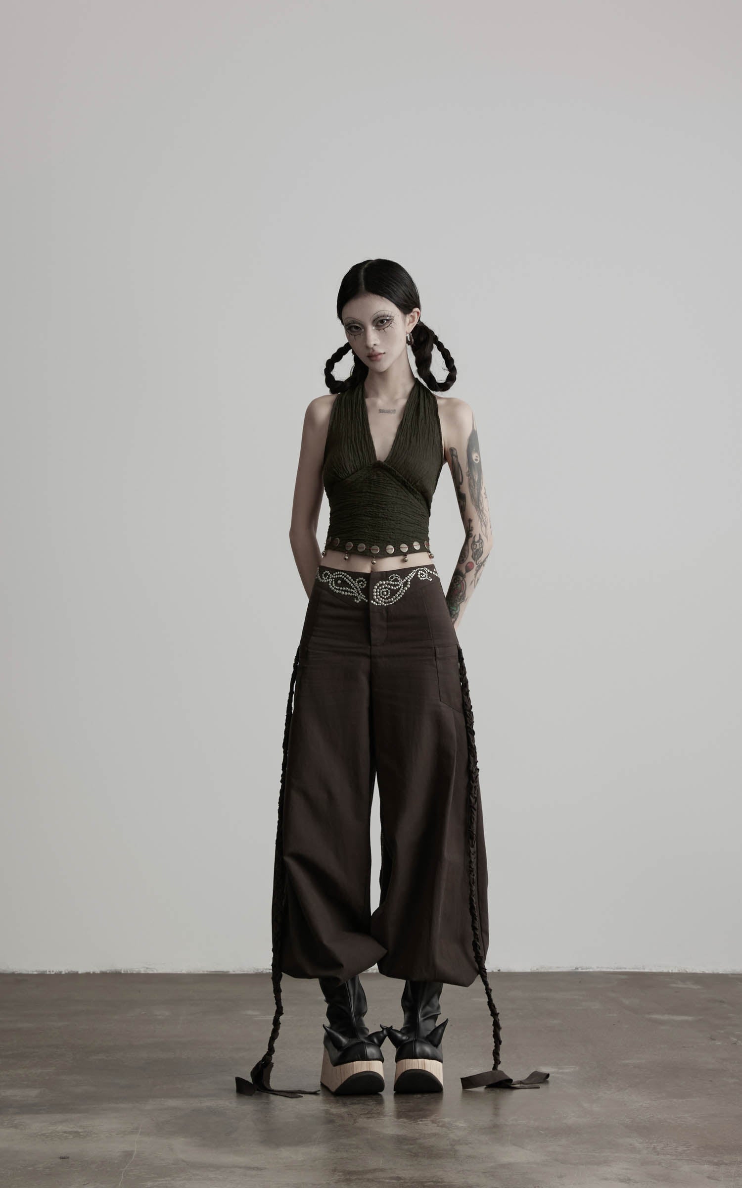 Dark coffee rhinestone wide leg pants front full view