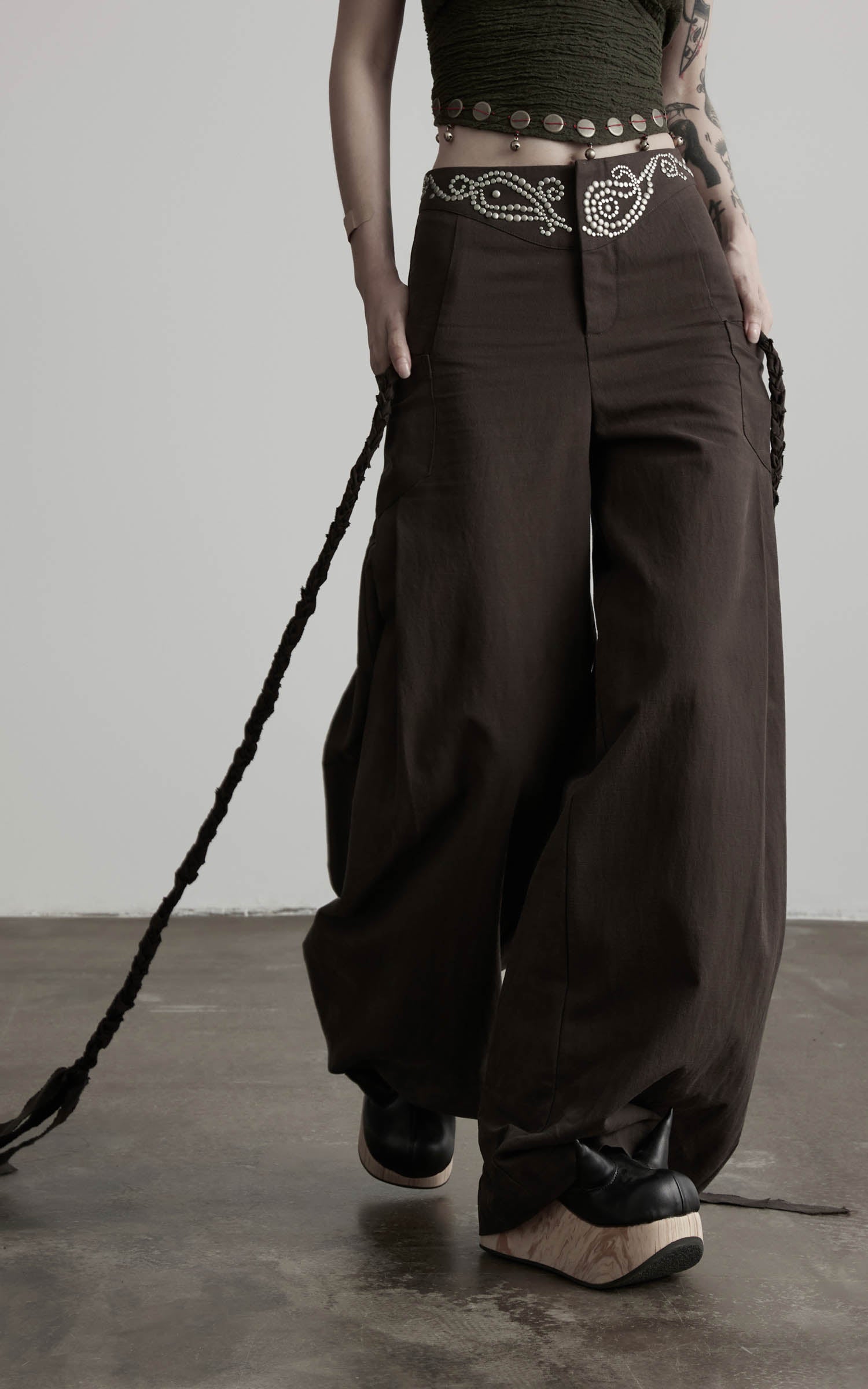 Dark coffee rhinestone wide leg pants side close-up view