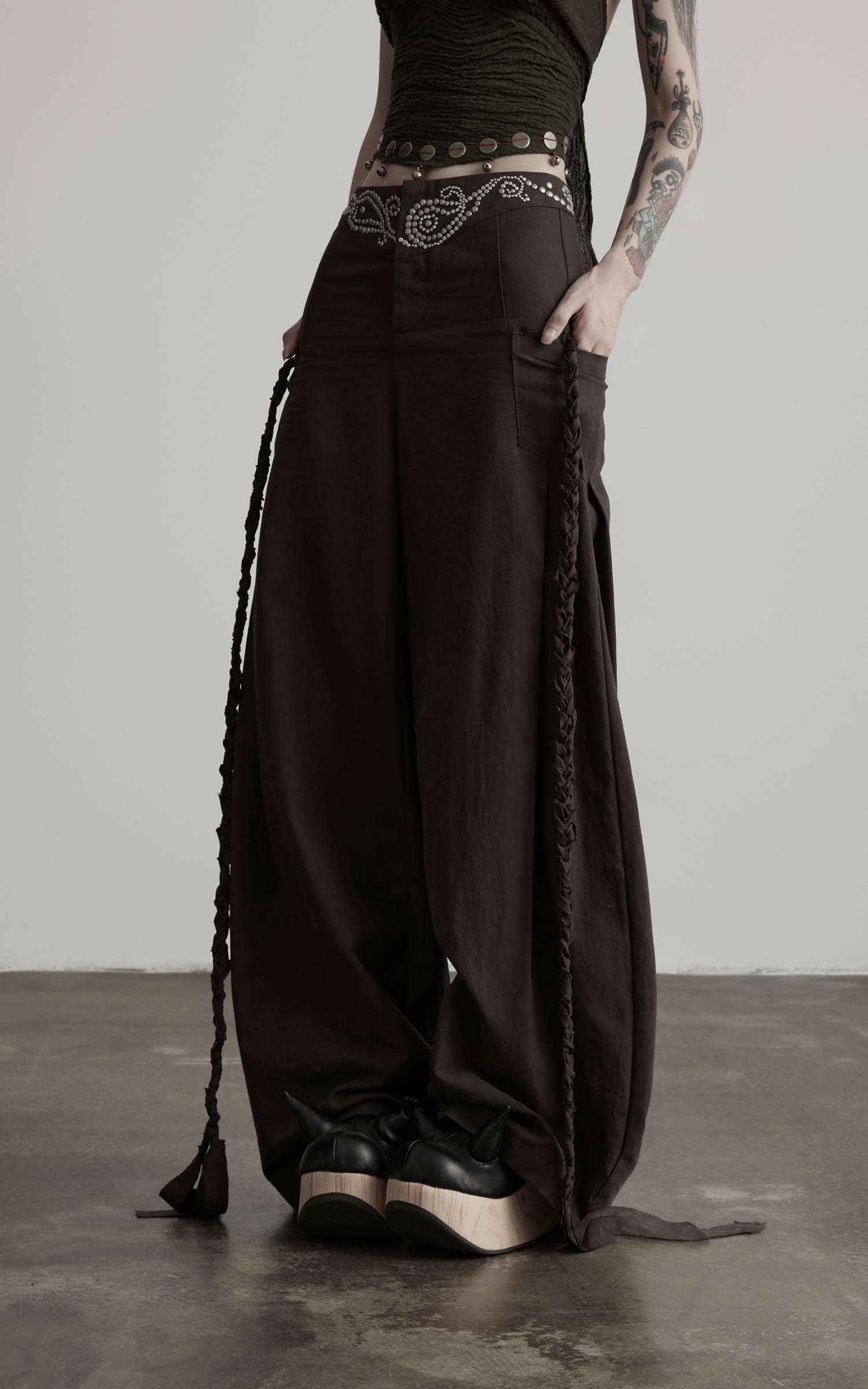 Dark coffee rhinestone wide leg pants side detail view
