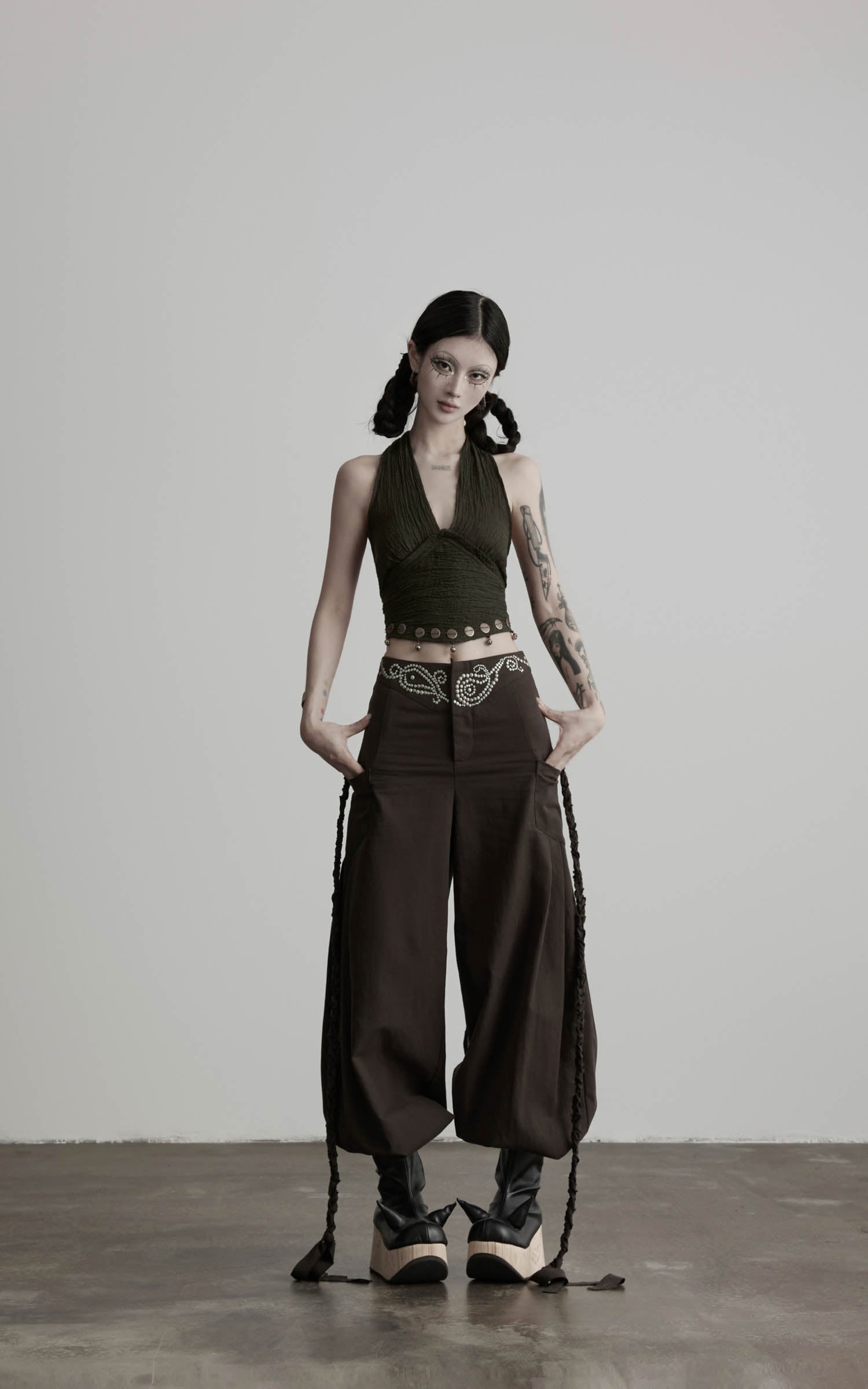 Dark olive halter tie-up crop top front full outfit view