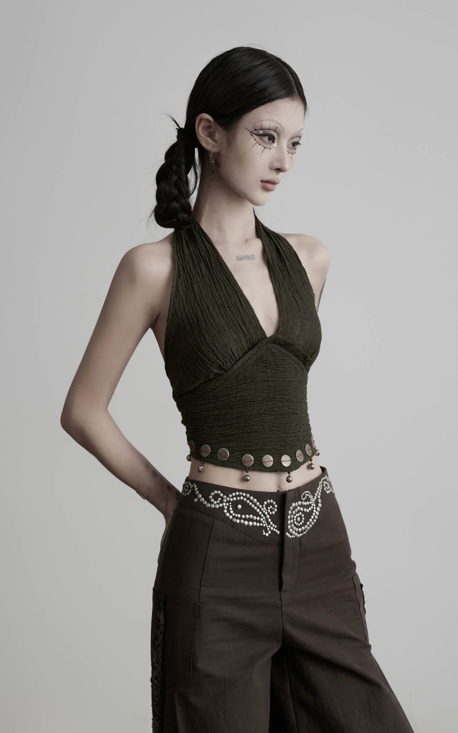 Dark olive halter tie-up crop top angled side upper view