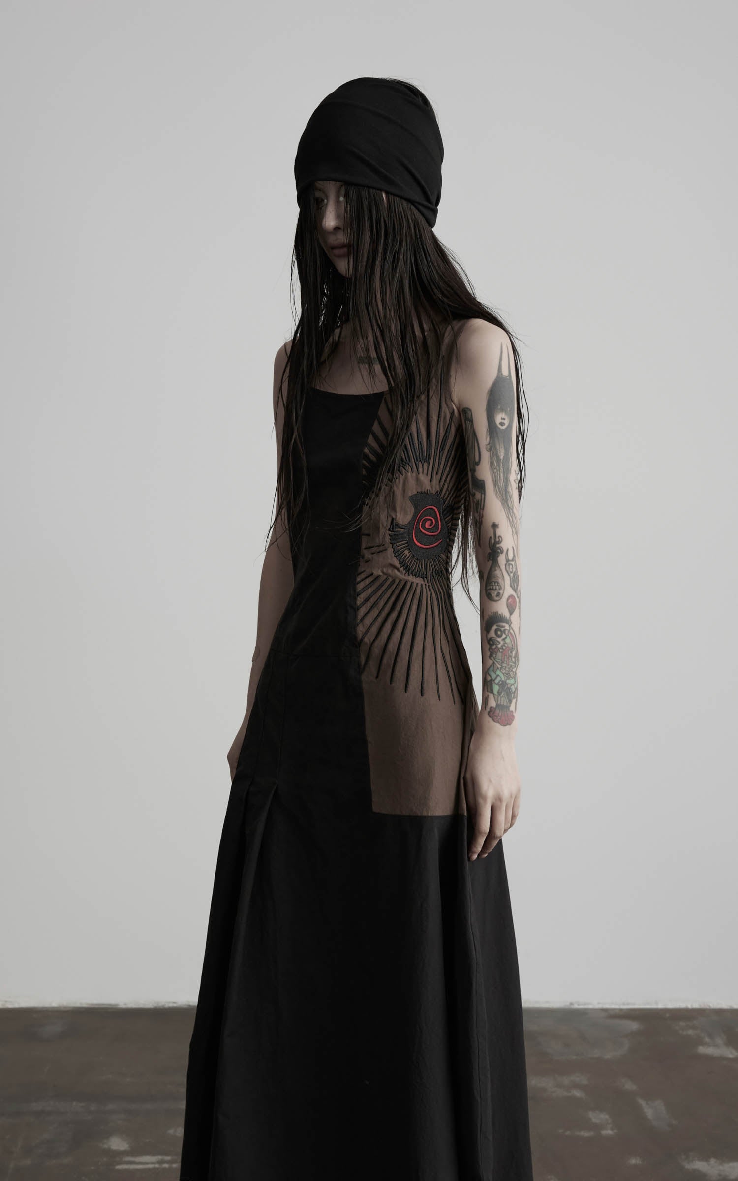 Black embroidered square neck maxi dress with side panel embroidery angled view
