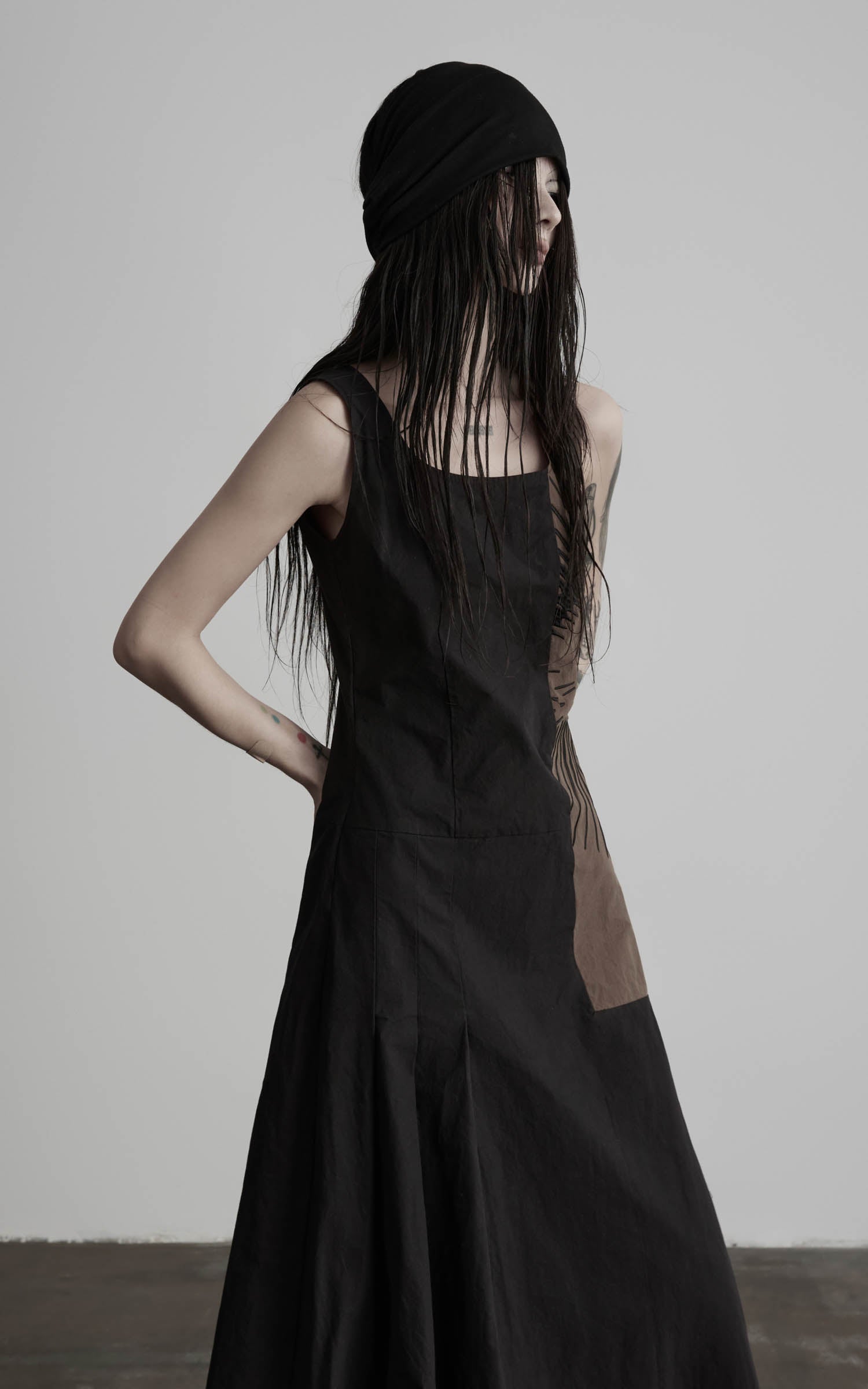 Black embroidered square neck maxi dress with paneled bodice angled view