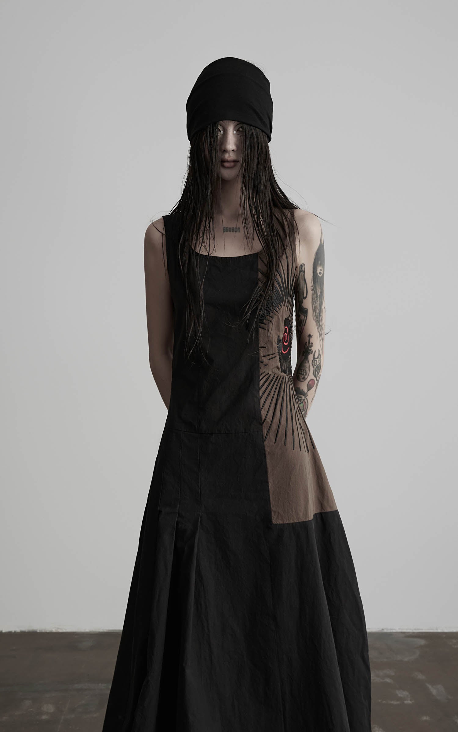 Black embroidered square neck maxi dress with side embroidery detail front view