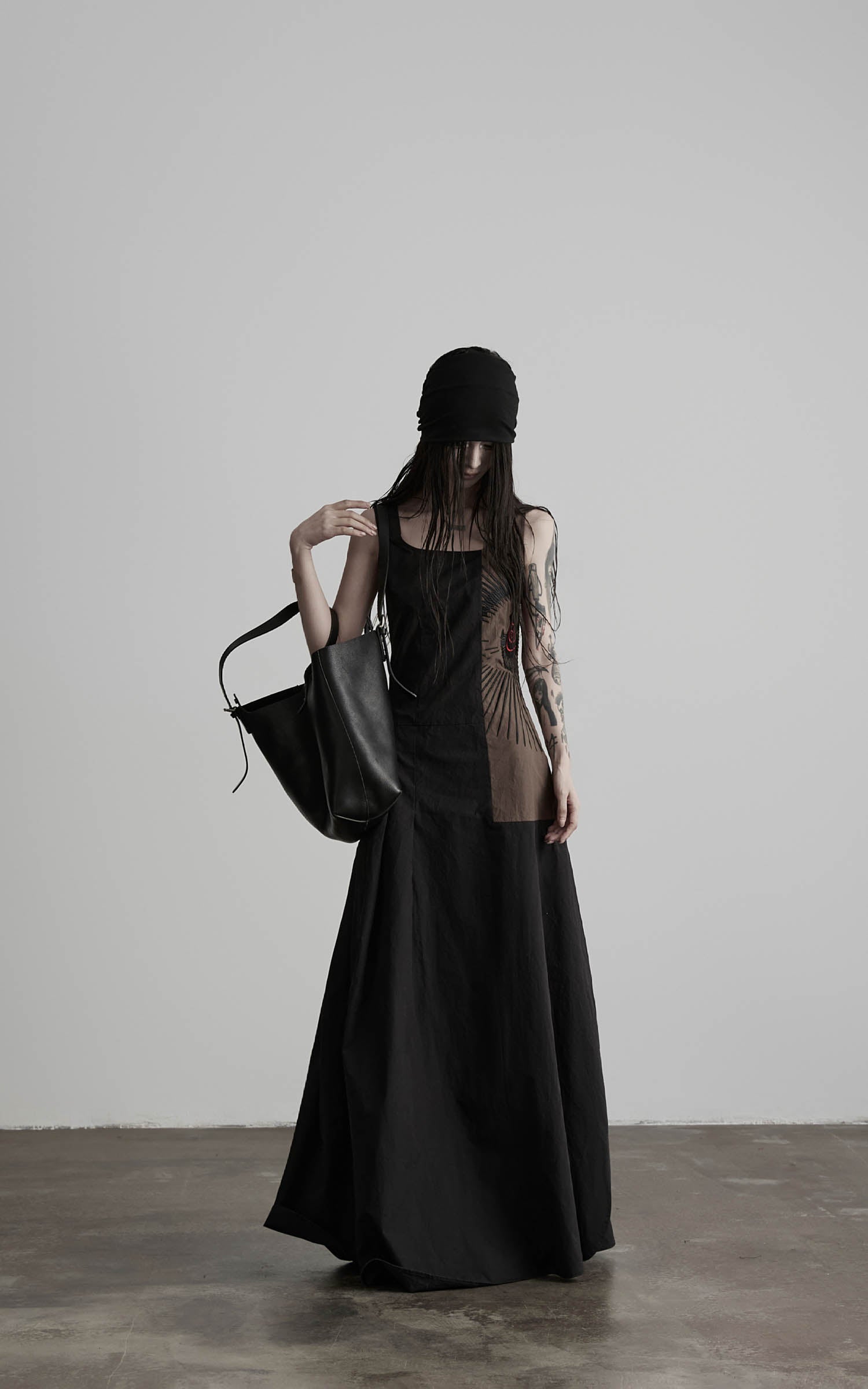Black embroidered square neck maxi dress with flared skirt front view