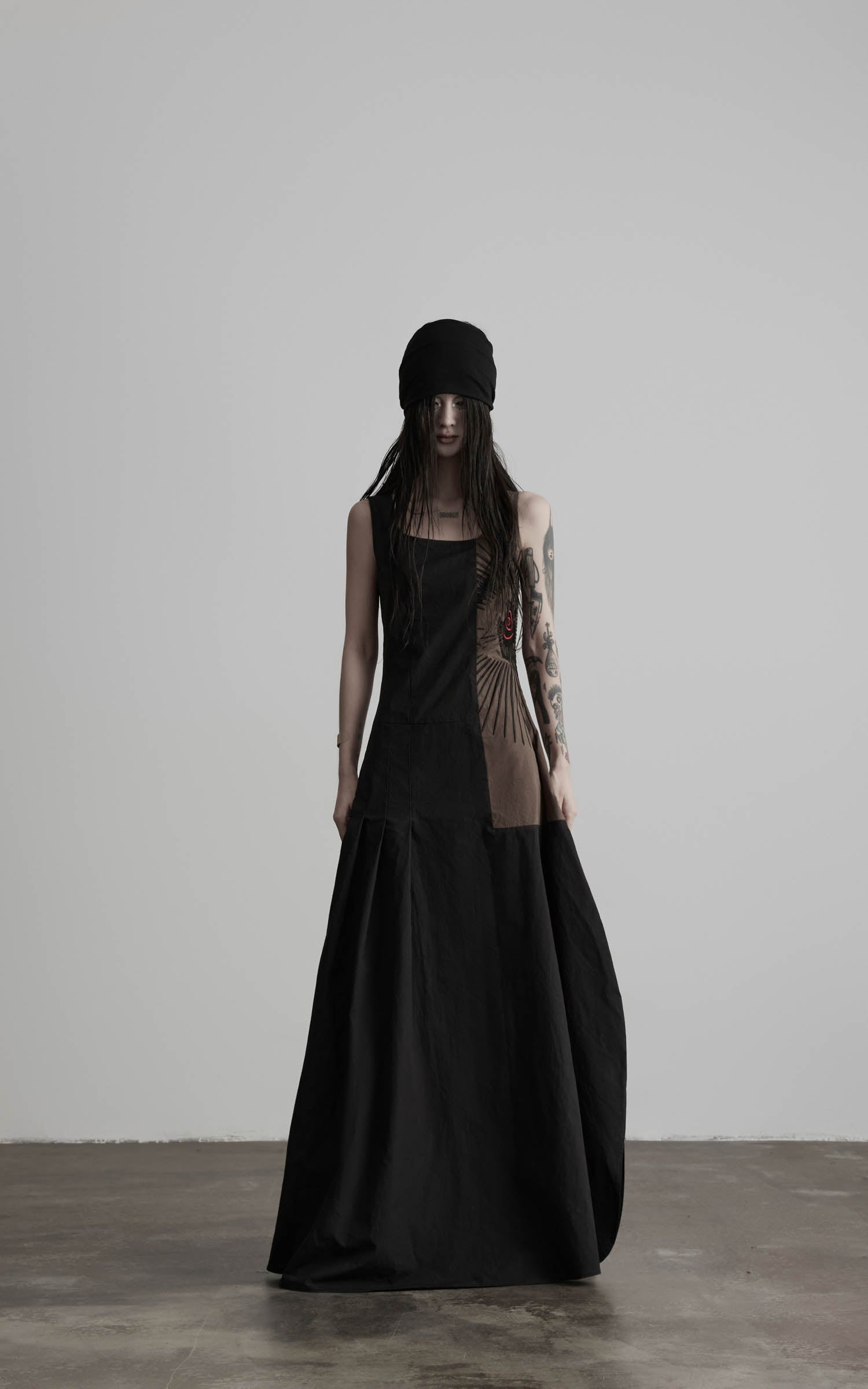 Black embroidered square neck maxi dress with contrast side panel front view