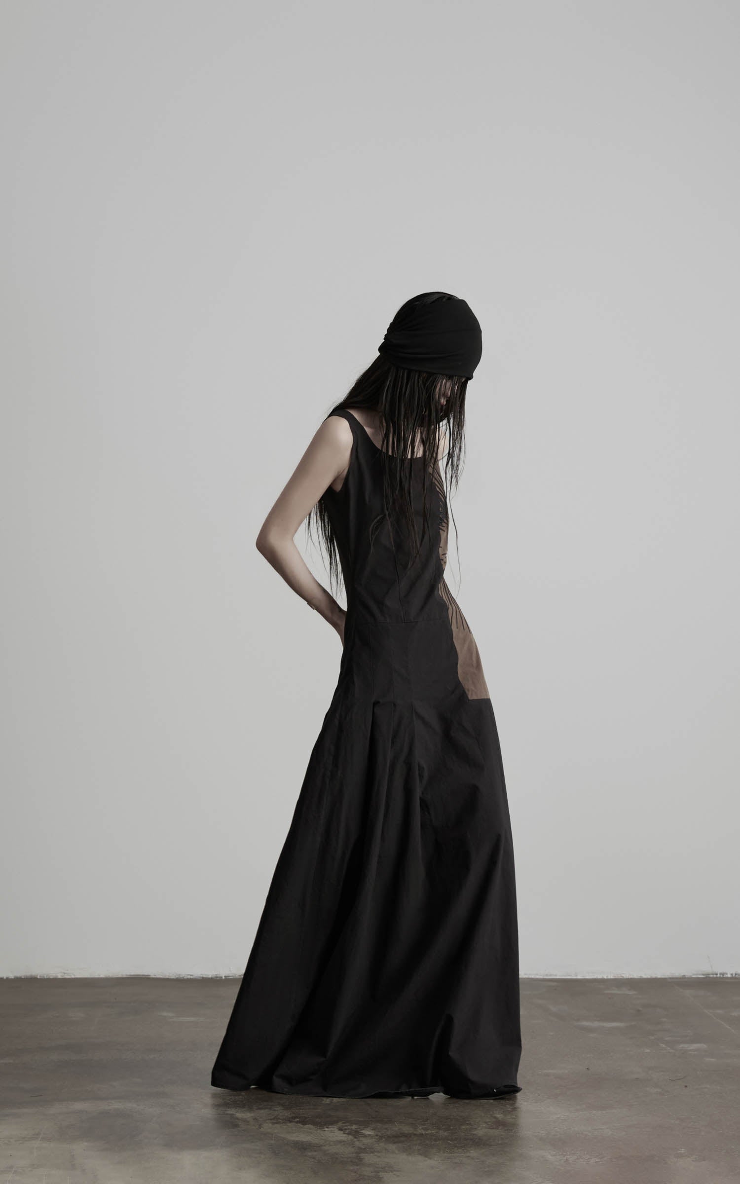 Black embroidered square neck maxi dress with side seam construction side view