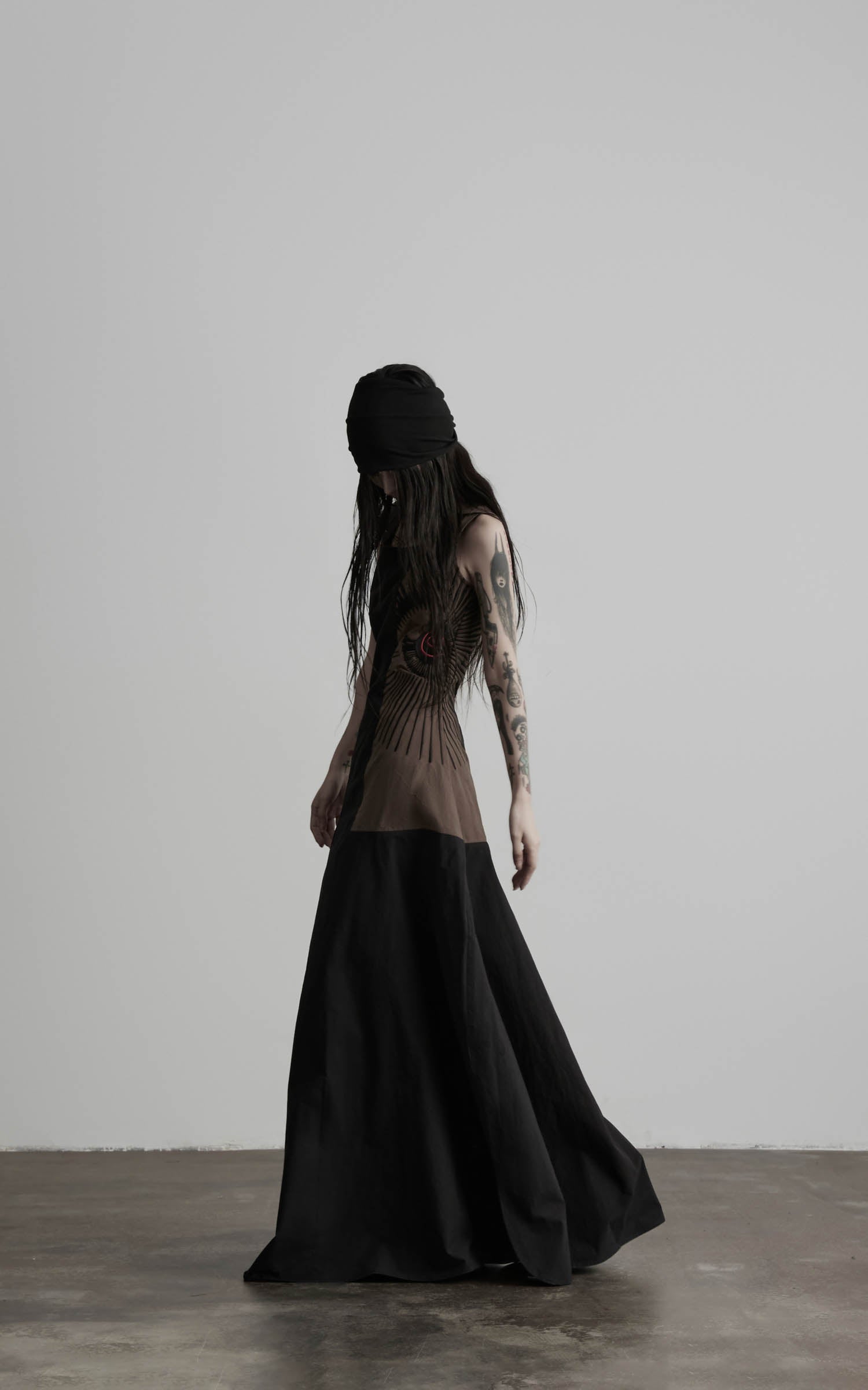 Black embroidered square neck maxi dress with flowing skirt volume side view