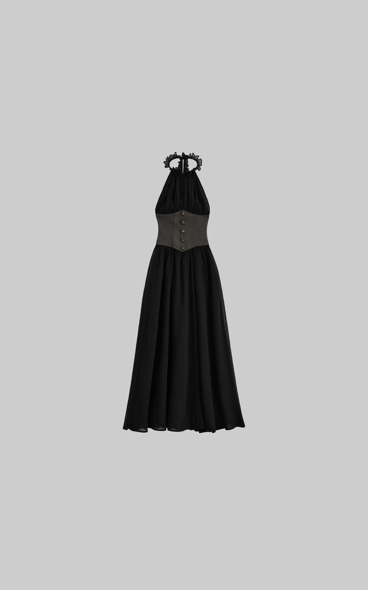 Black gathered halter corset maxi dress with buttoned corset panel flat view