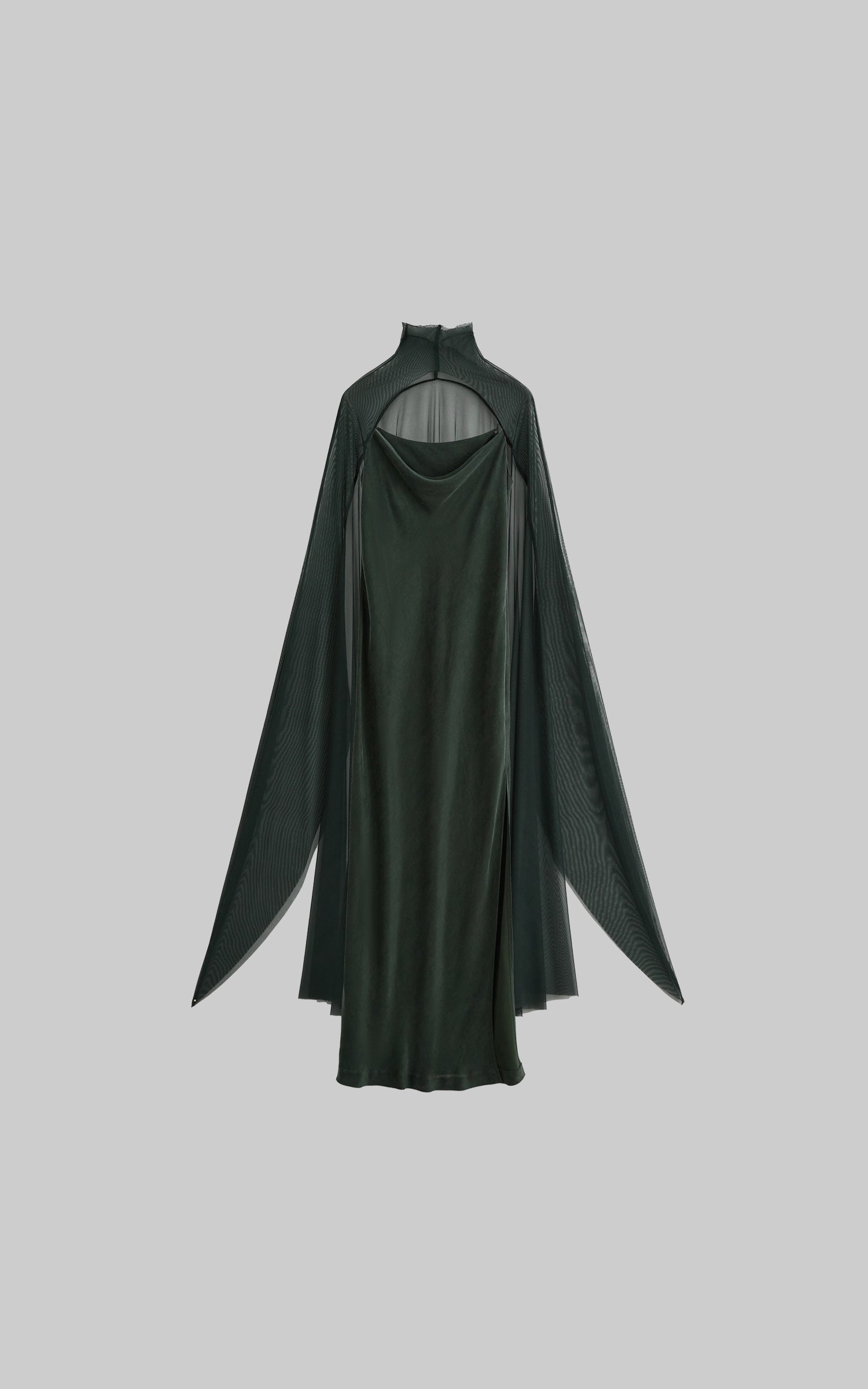 Dark green slip maxi dress with mesh cape flat lay view