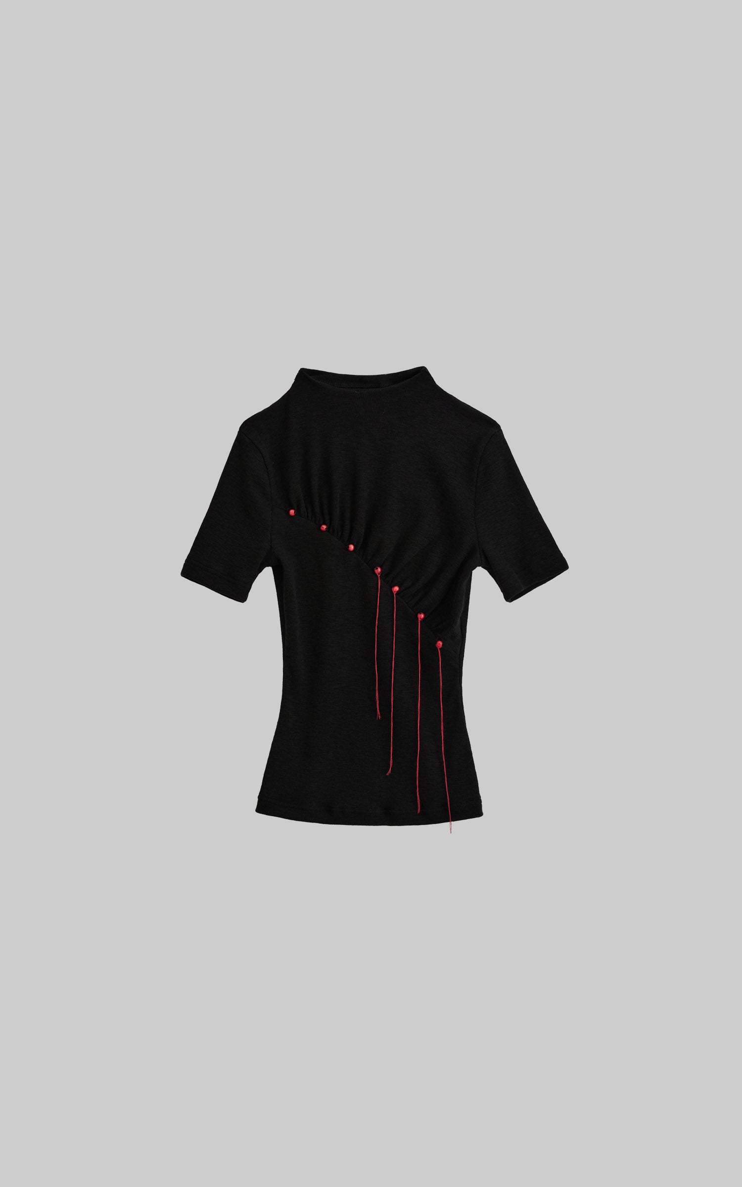 Black mock neck ruched knit T-shirt with ruched thread detail flat view