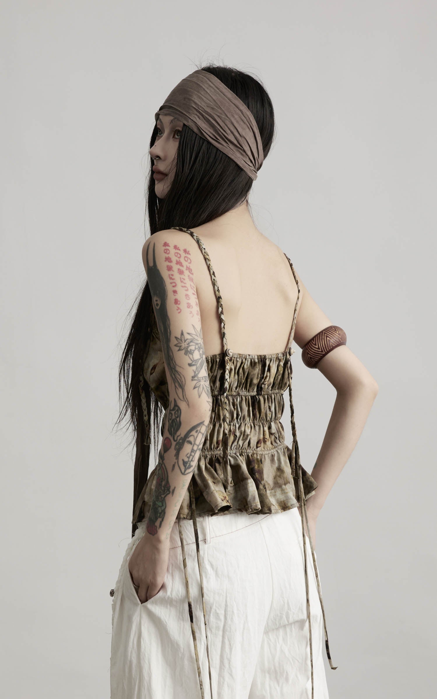 Olive print ruched cami top back detail view