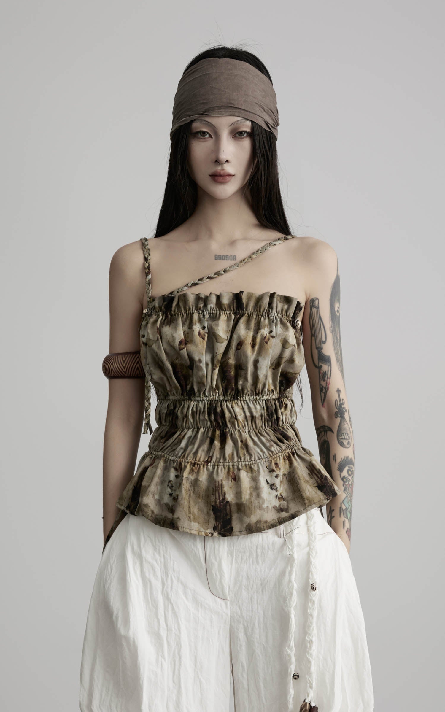 Olive print ruched cami top front upper detail view