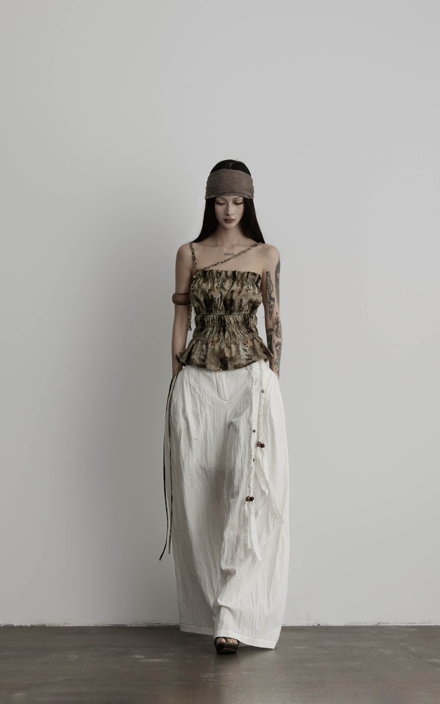 Olive print ruched cami top front draped outfit view