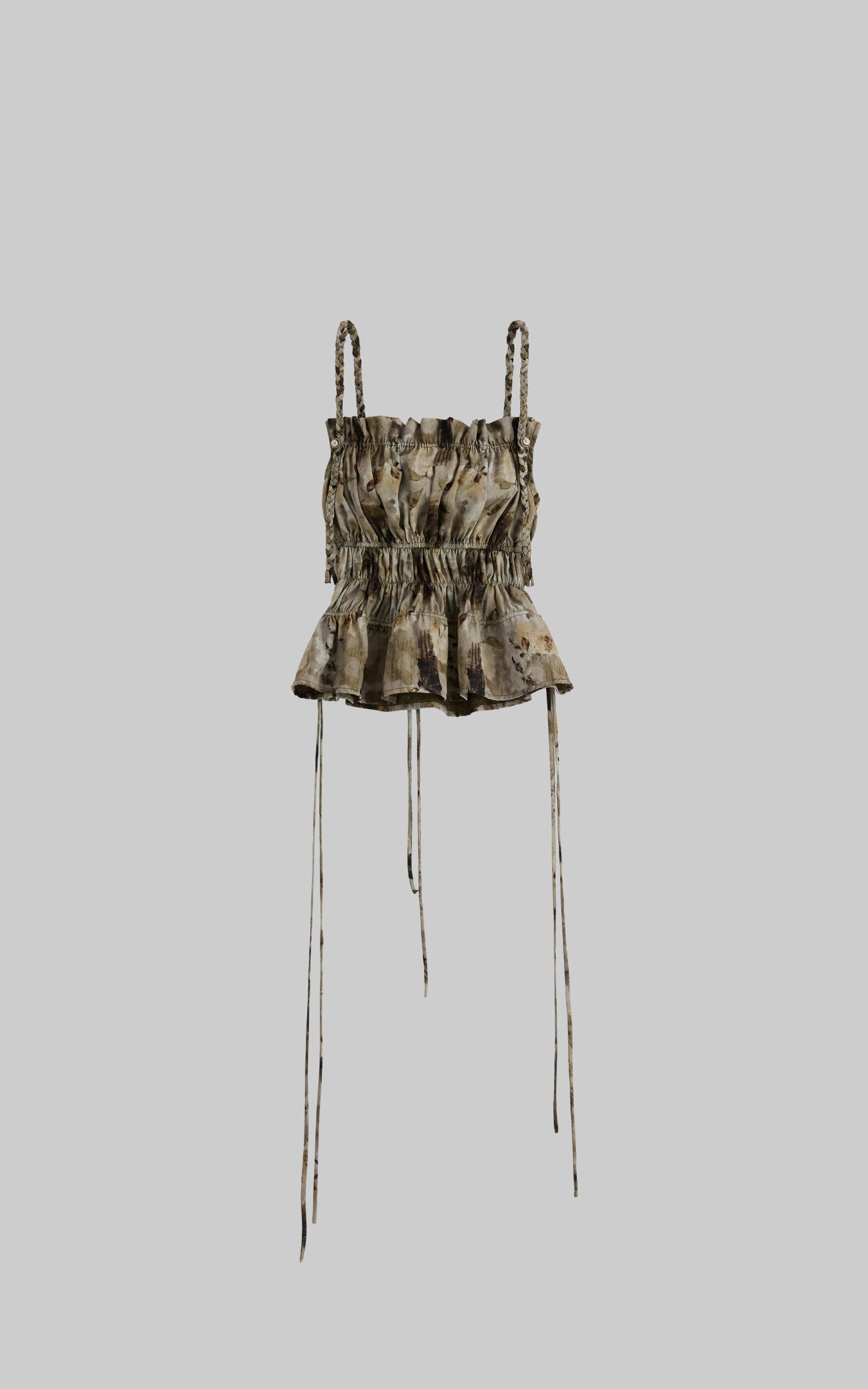 Olive print ruched cami top flat lay view