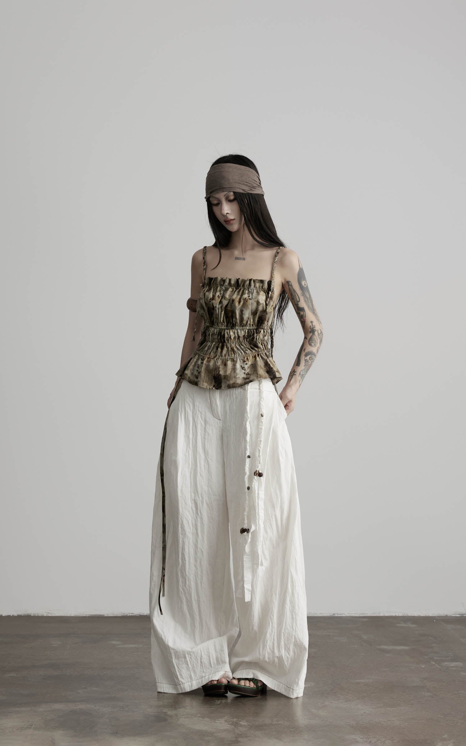 Olive print ruched cami top styled outfit front view