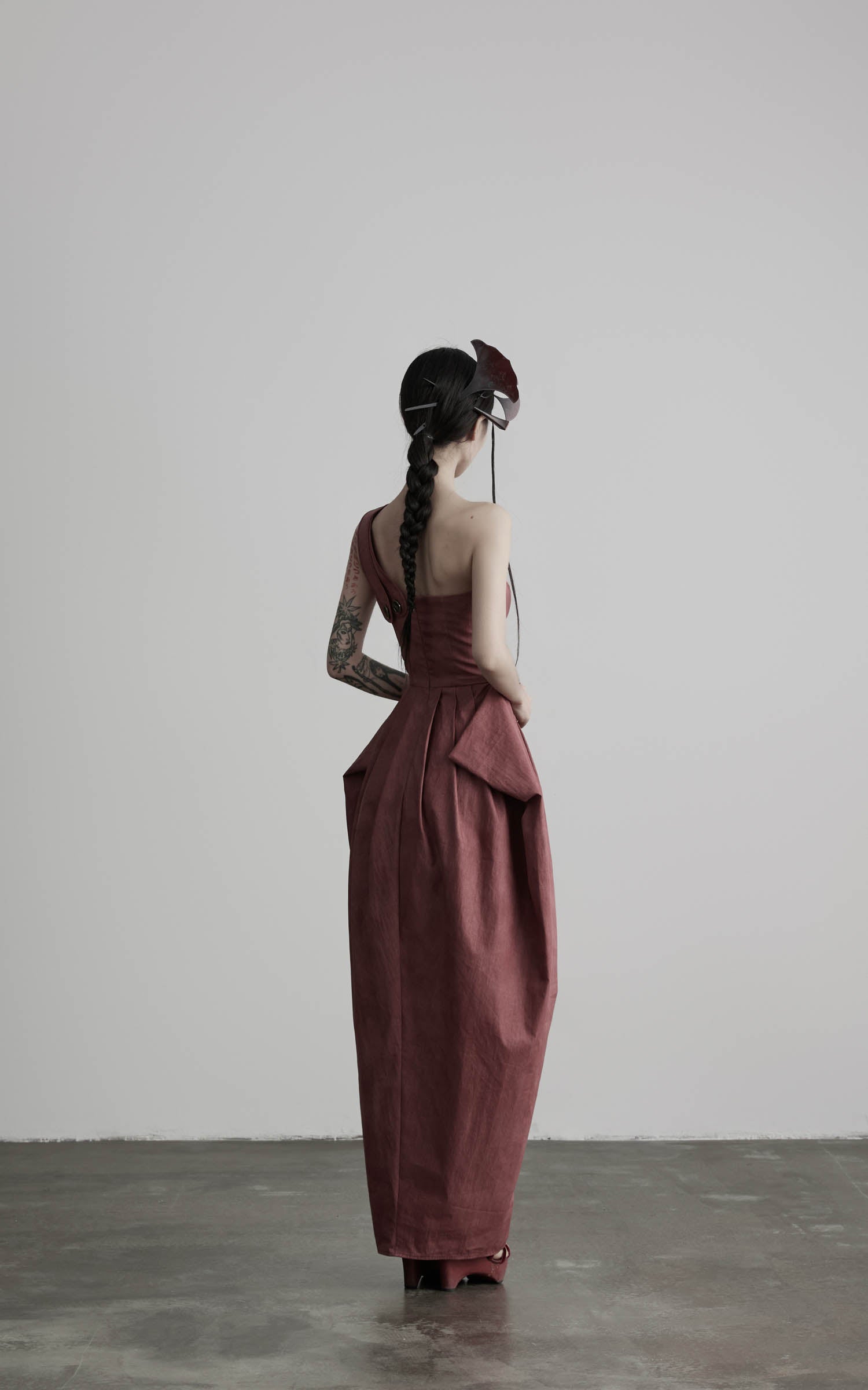 Rose one-shoulder pleated maxi dress with structured back waist back view