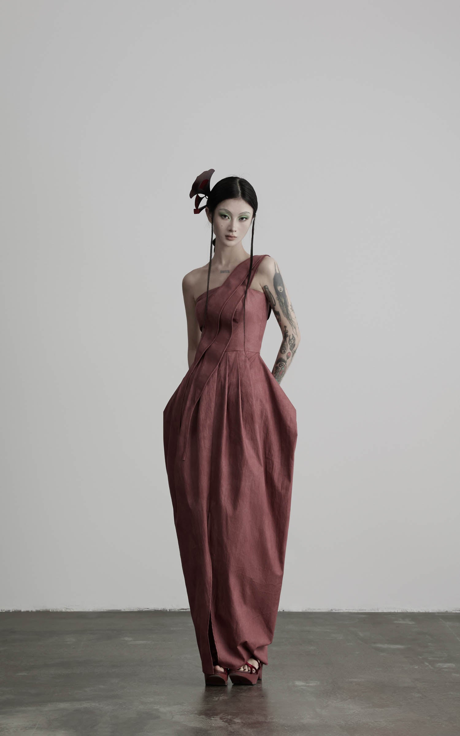 Rose one-shoulder pleated maxi dress with soft skirt drape front view
