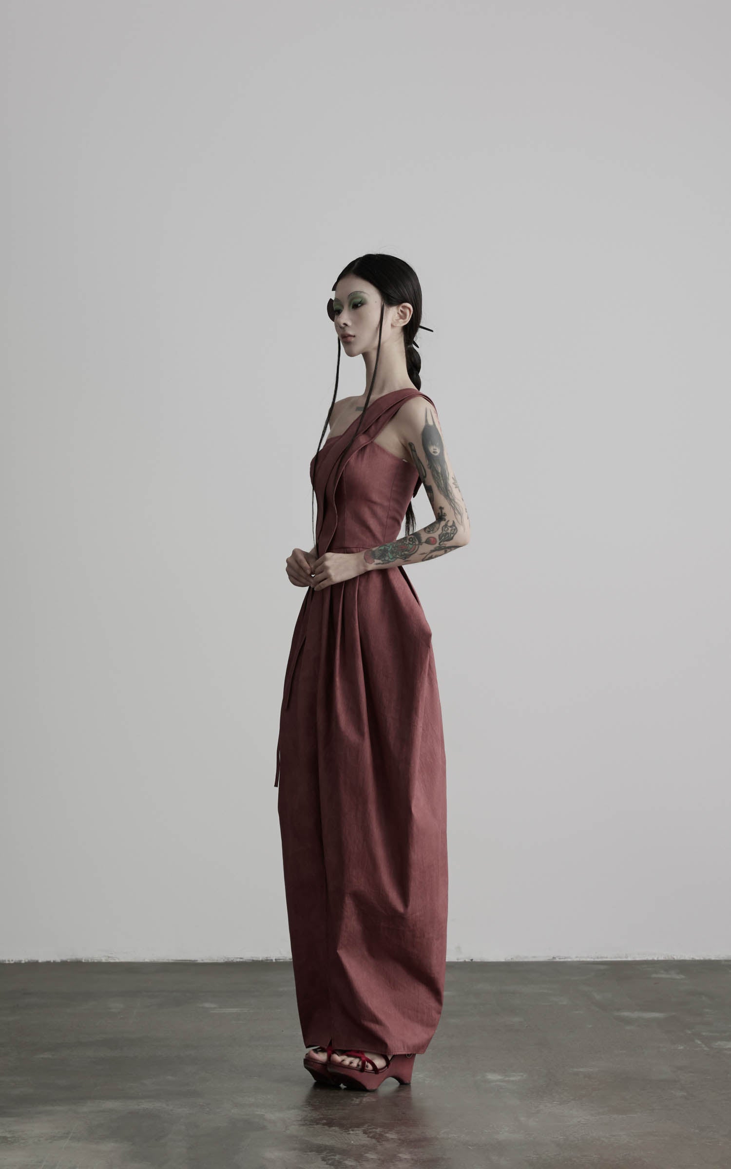 Rose one-shoulder pleated maxi dress with rounded skirt volume side view