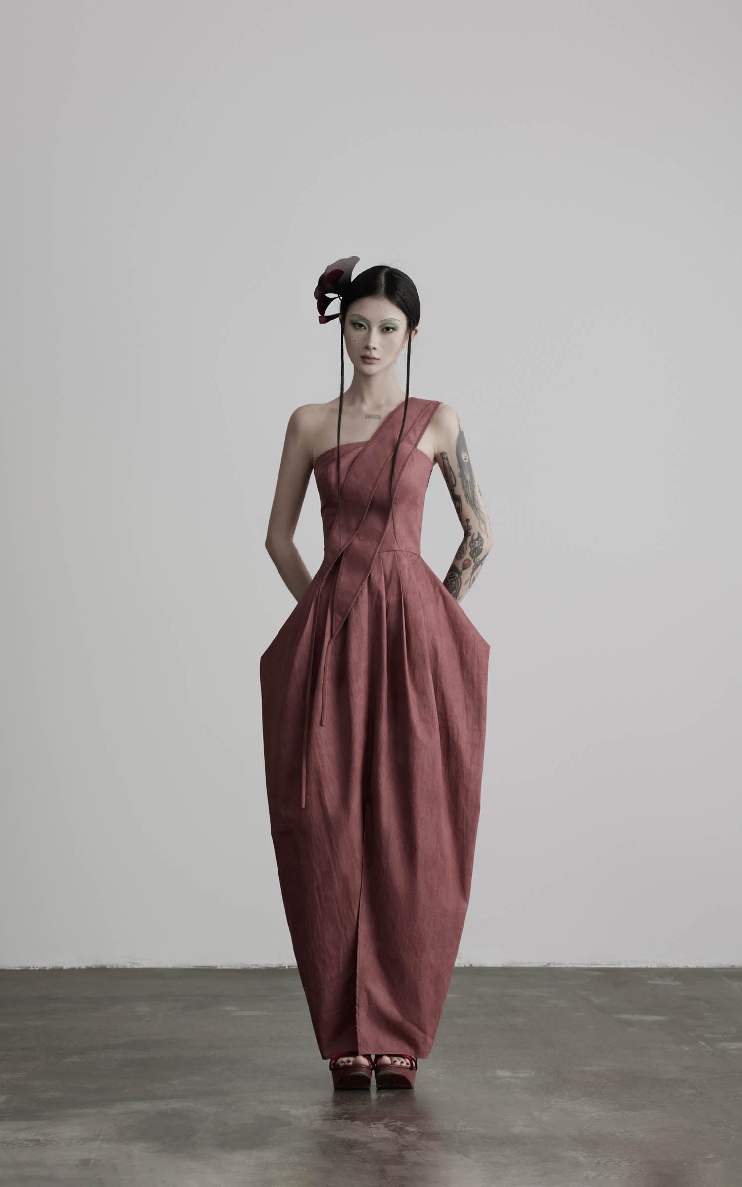 Rose one-shoulder pleated maxi dress with balloon skirt silhouette front view