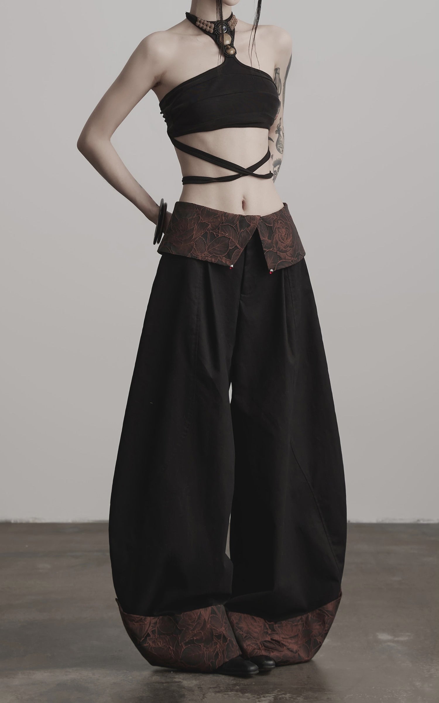 Load video: INDULGE Wide-Legged High-Waisted Pants with Leaf-Pattern Detail