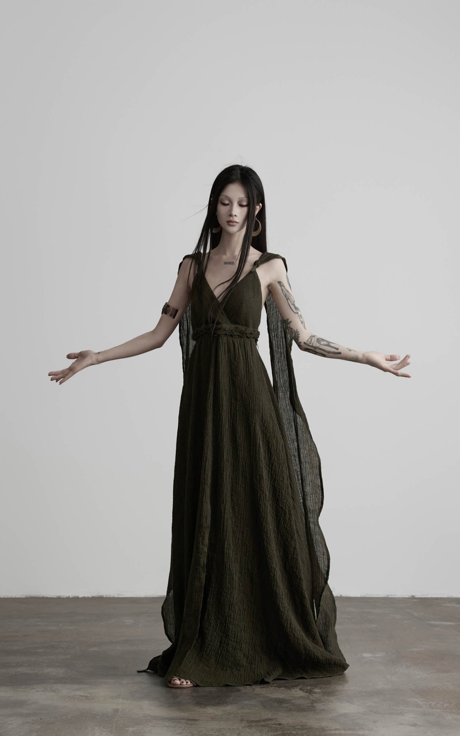 Load video: DOINDULGE Shadow Veil Draped Maxi Dress Dark Ash Flowing Slip Dress
