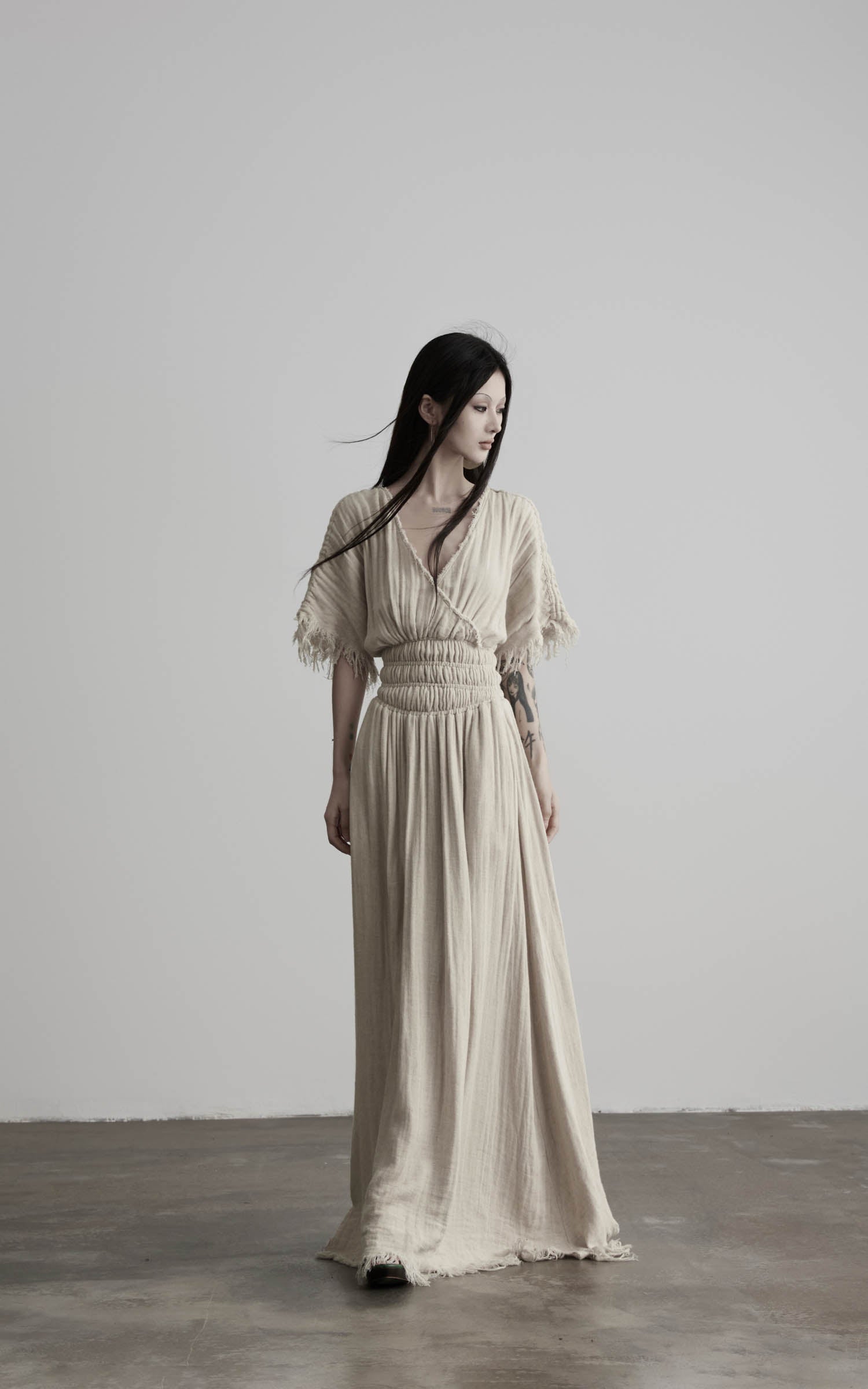 Load video: DOINDULGE Ruined Gauze Draped Maxi Dress Raw Edge Smocked Waist Ritual Dress