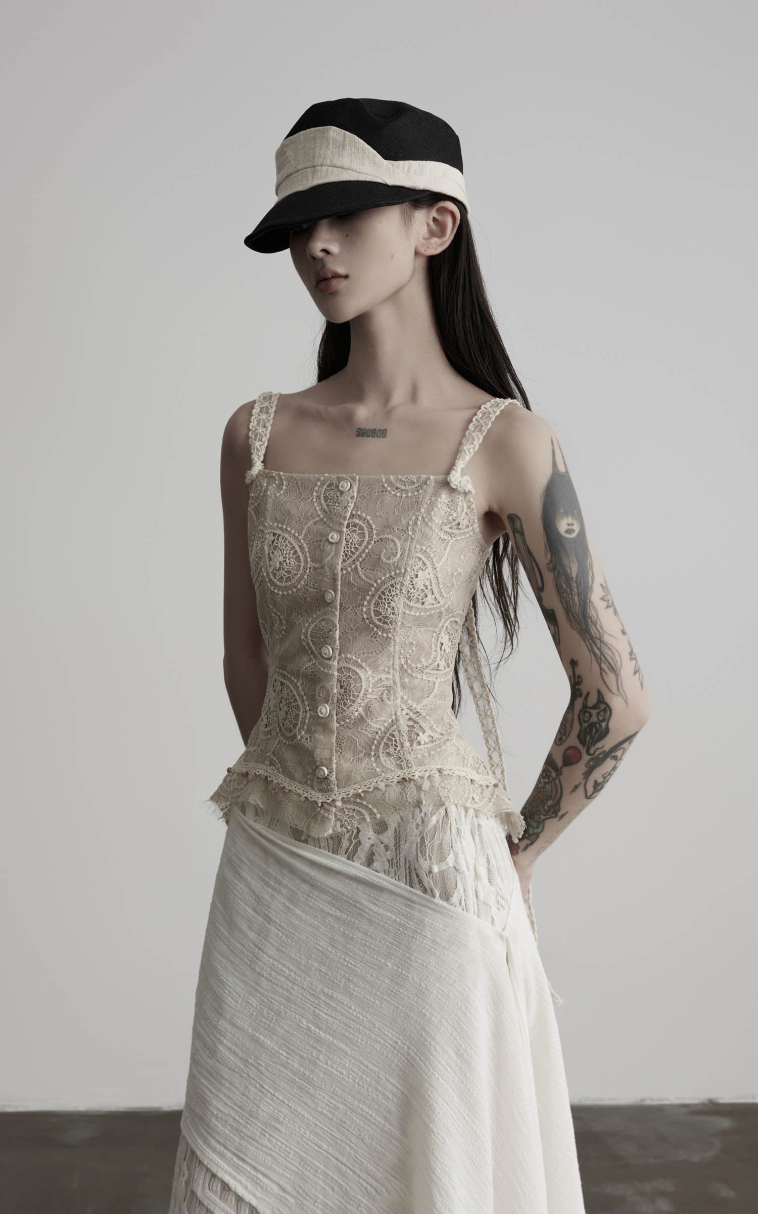 Load video: DOINDULGE Antique Lace Corset Camisole Raw Edge Asymmetric Hem Top