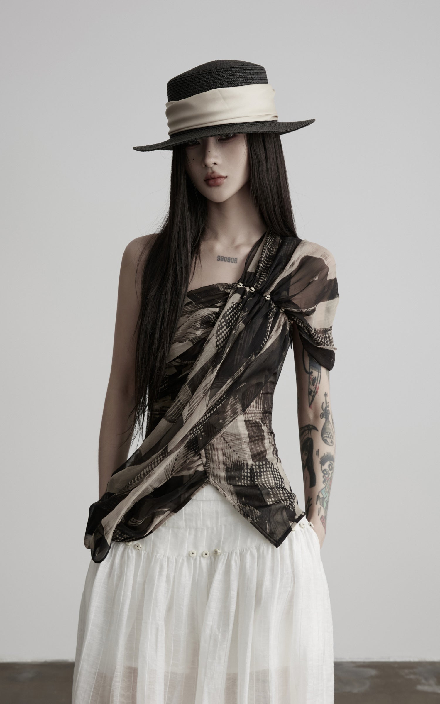 Load video: DOINDULGE One Shoulder Brushstroke Ruched Top