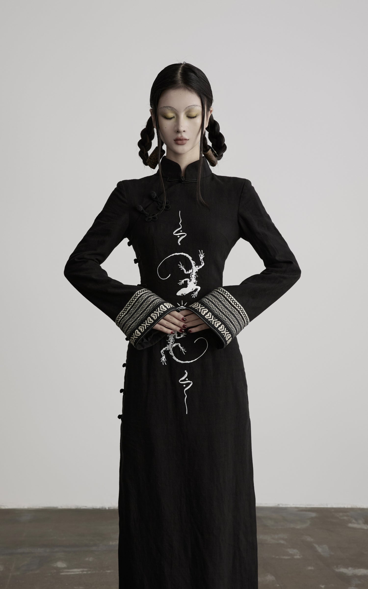 Load video: DOINDULGE Mandarin Collar Frog Button Maxi Dress