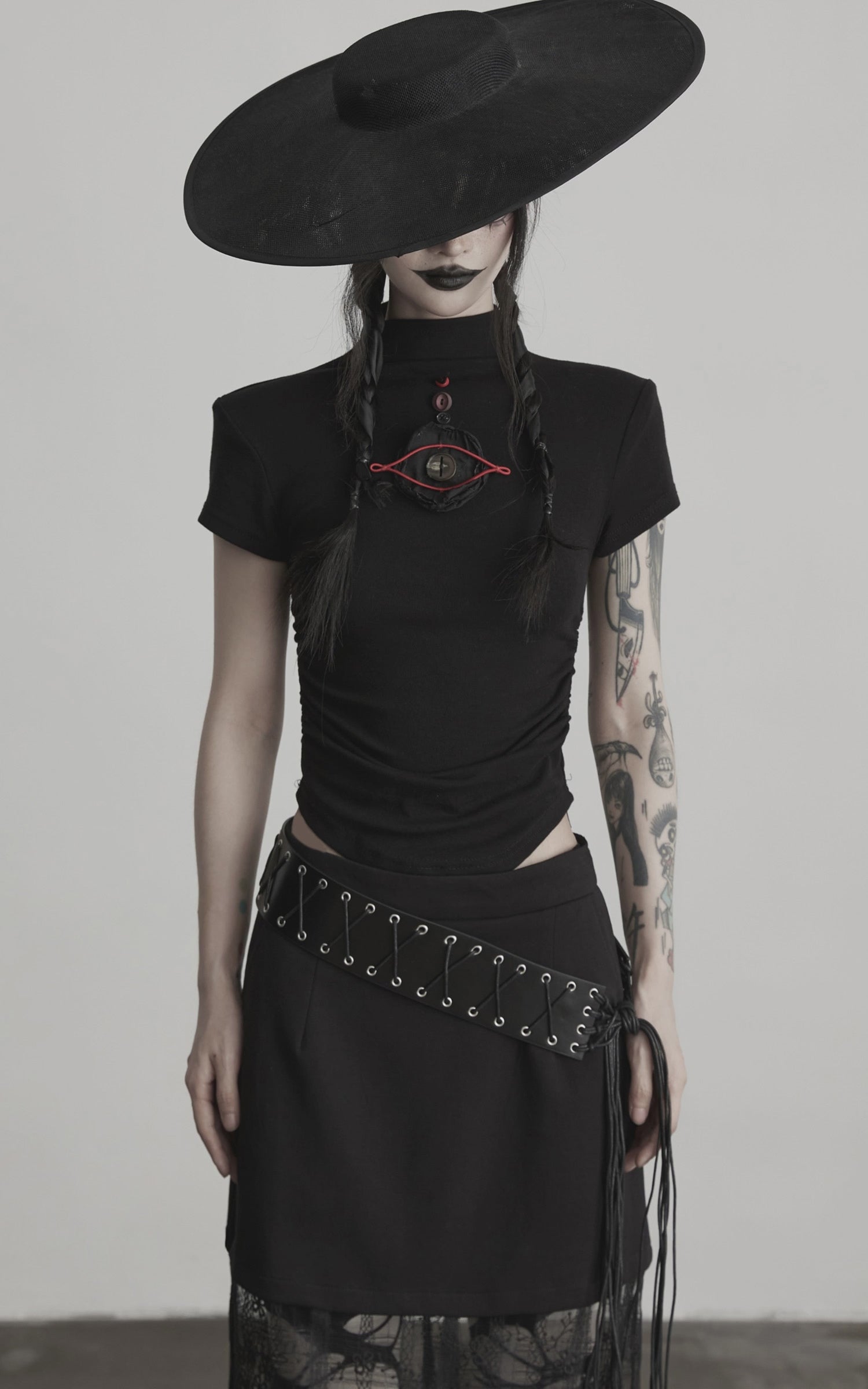 Load video: INDULGE Ruched Fitted Tee with Deconstructed Eye Button Detail