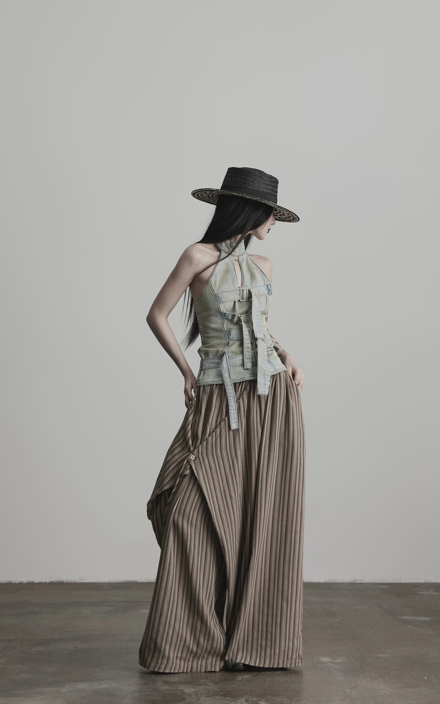 Load video: INDULGE Draped Asymmetric Wide-Leg Trousers in Textured Stripe